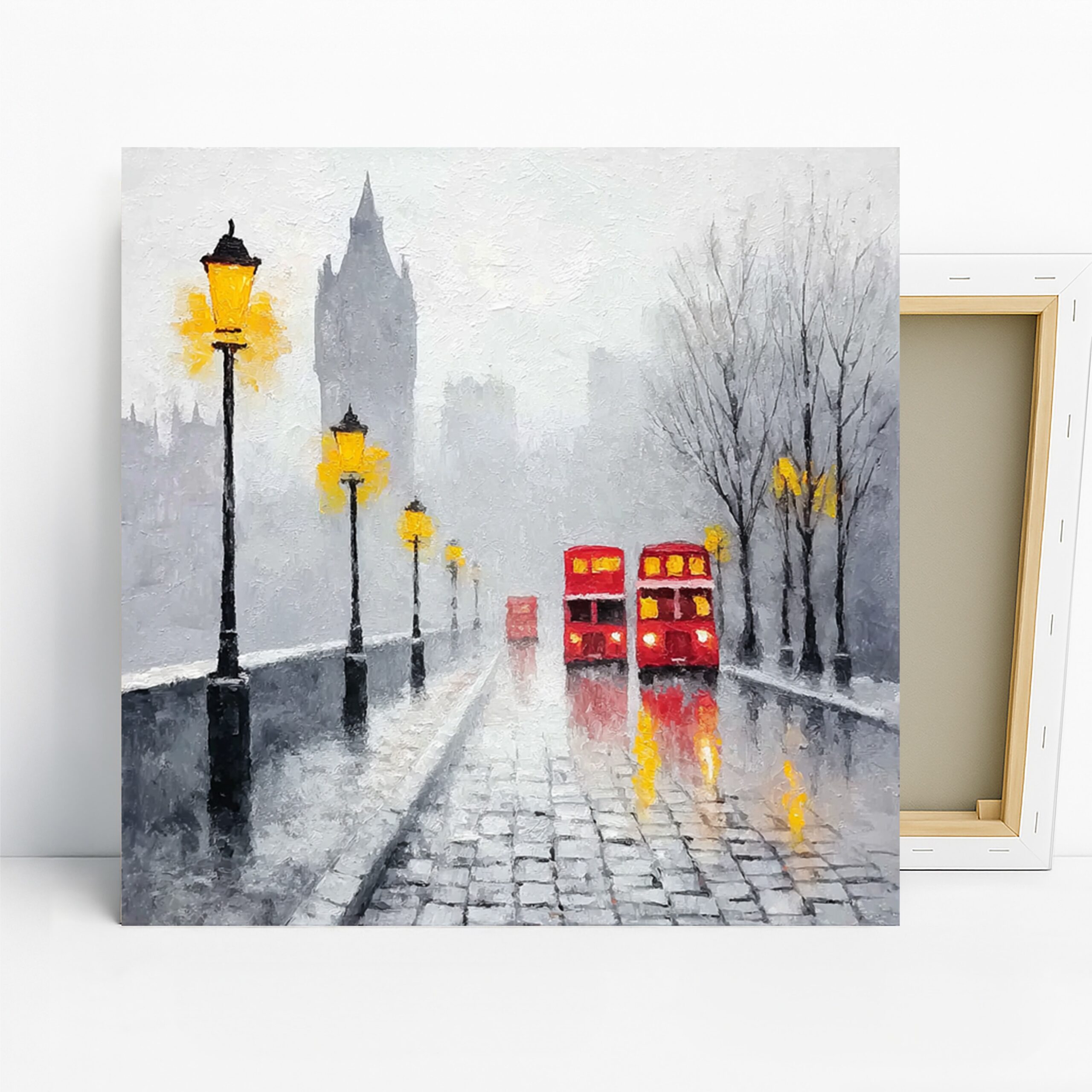 London Fog Art, Canvas or Poster, Impressionism Urban Decor, Living Room Bedroom Office Wall Art, Red Yellow Grey White