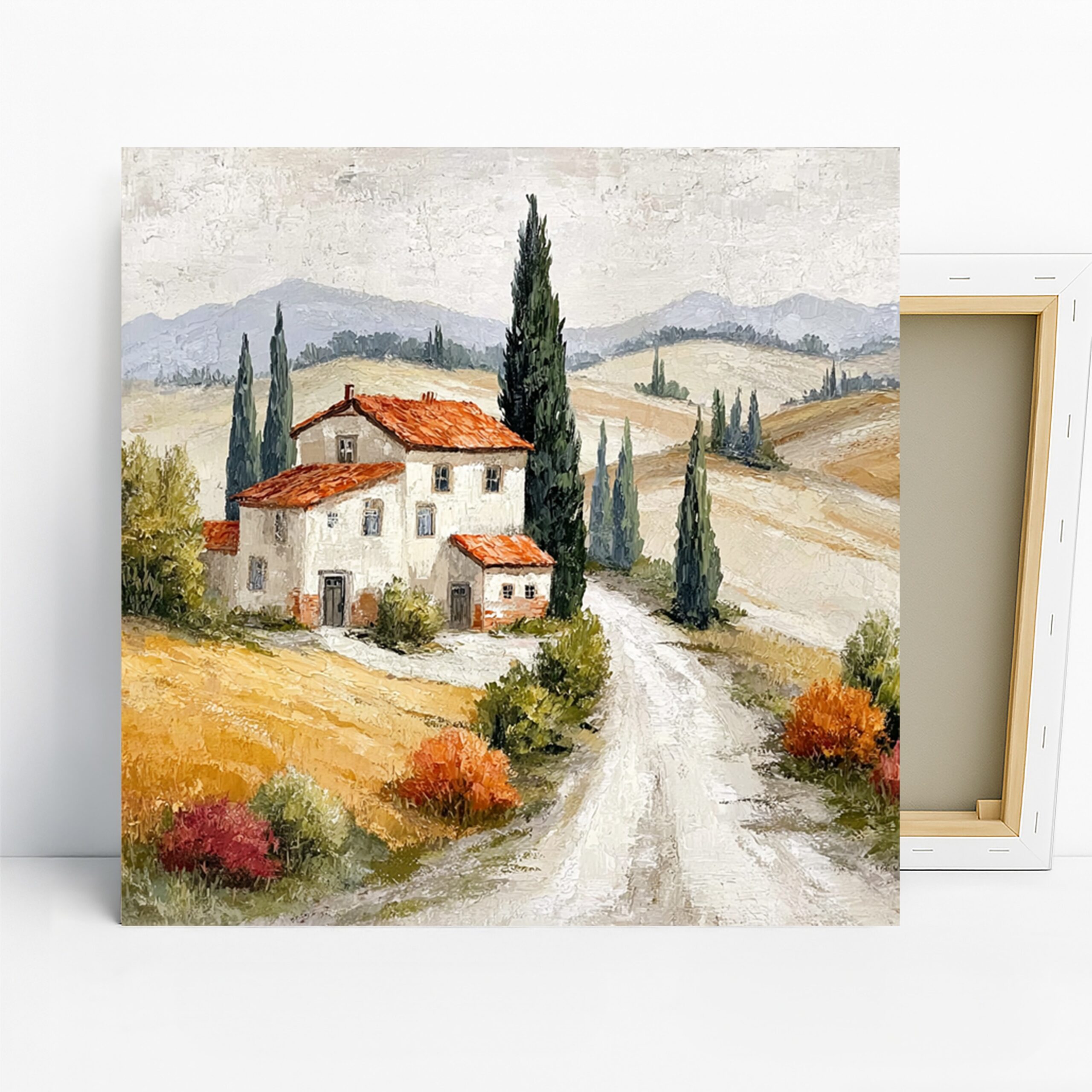 Tuscan Countryside Villa Art, Canvas or Poster, Impressionism Rustic Decor, Living Room Dining Room Bedroom Wall Art,Green Orange Blue White