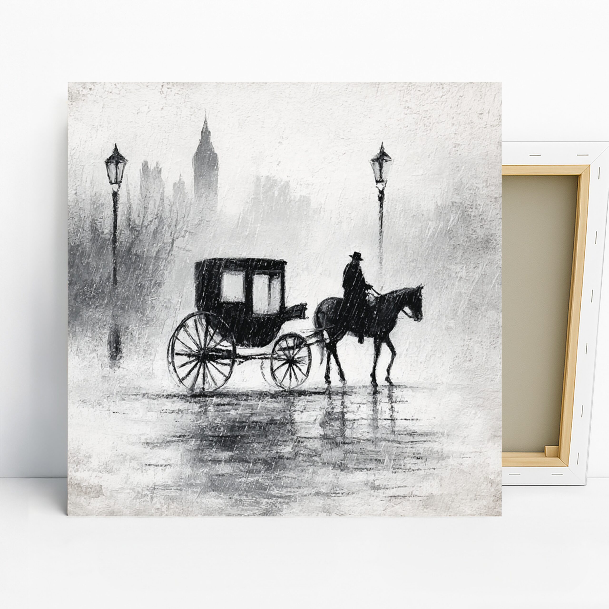 Horse Art, Canvas or Poster, Vintage Rustic Decor, Living Room Office Entryway Bedroom Wall Art, Black White Grey, Classic London Carriage