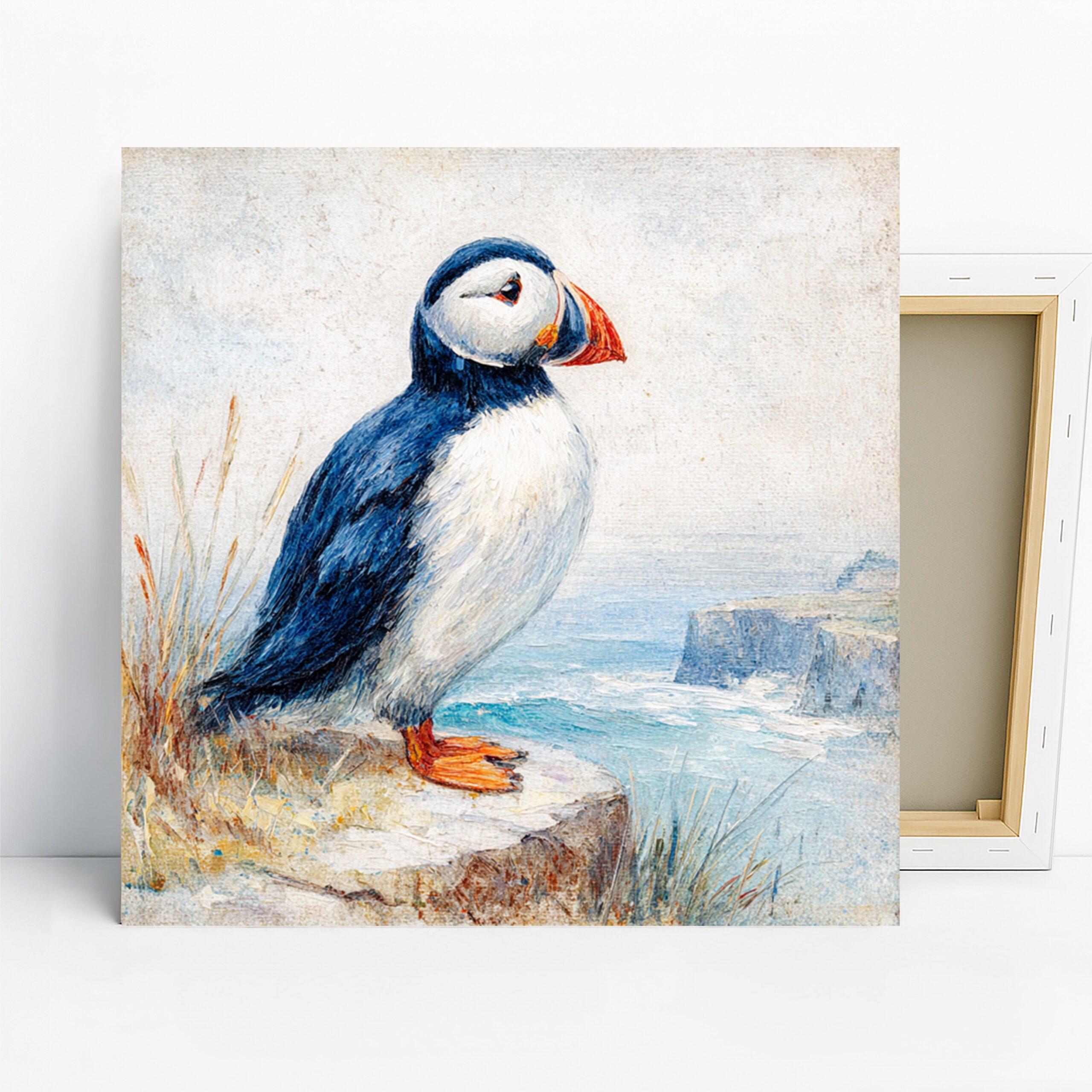 Puffin Art, Canvas or Poster, Nature Rustic Coastal Decor, Living Room Bedroom Bathroom Office Wall Art, Blue White Orange Brown