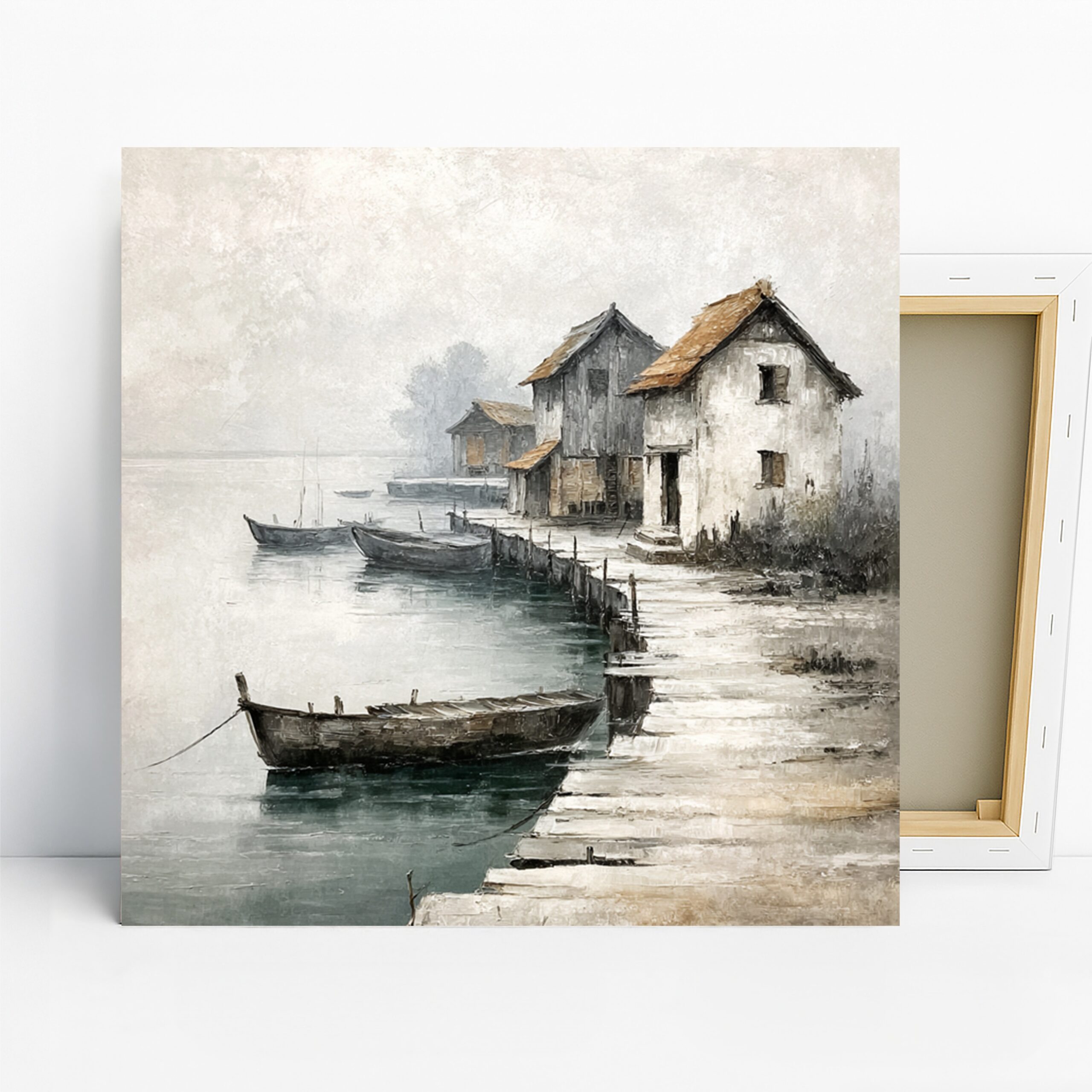 Lakeside Cottage Art, Canvas or Poster, Impressionism Rustic Coastal Decor, Living Room Bedroom Dining Room Wall Art, Blue White Brown Grey