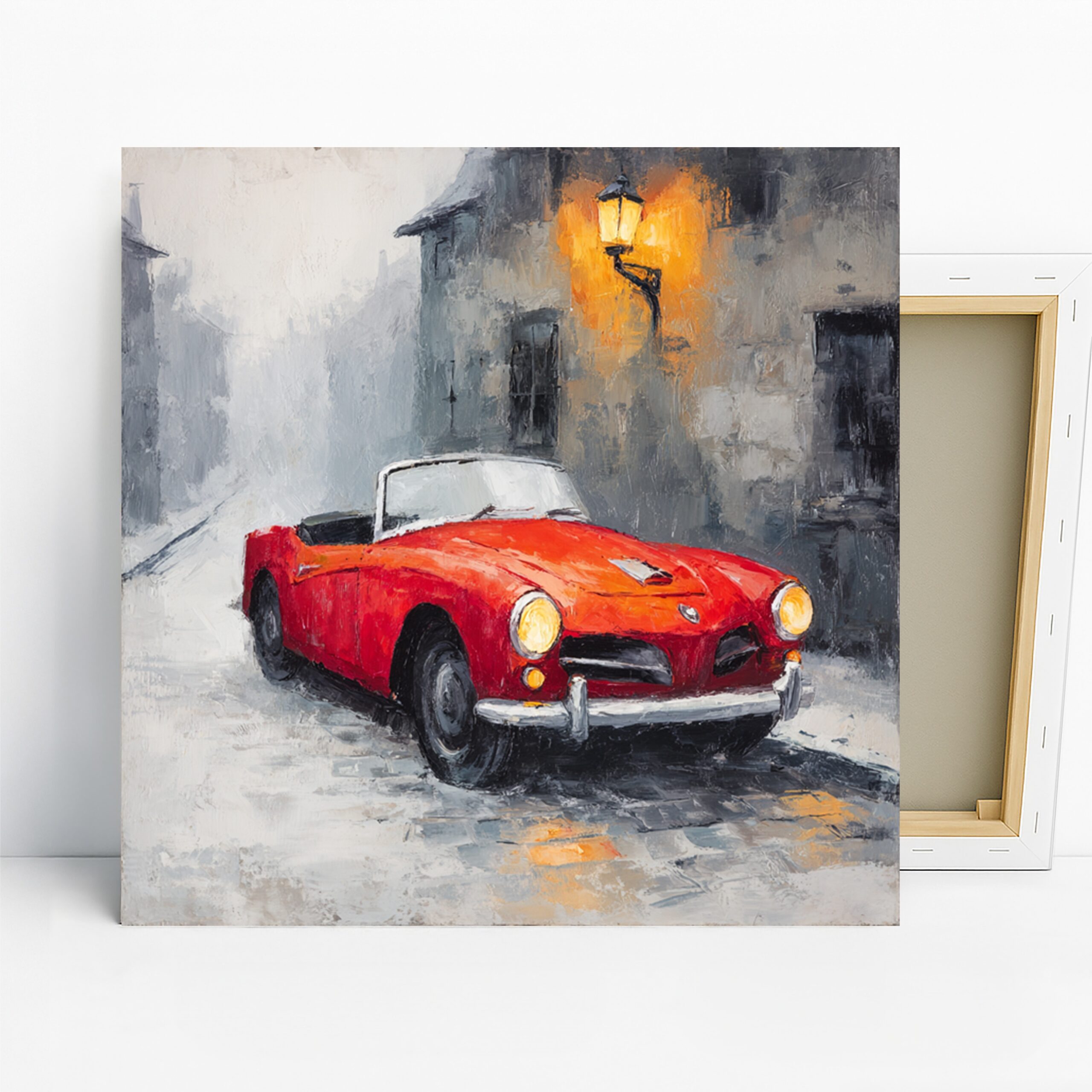 Classic Red Convertible Art, Canvas or Poster, Vintage Retro Decor, Living Room Office Garage Game Room Wall Art, Red Grey Orange and White