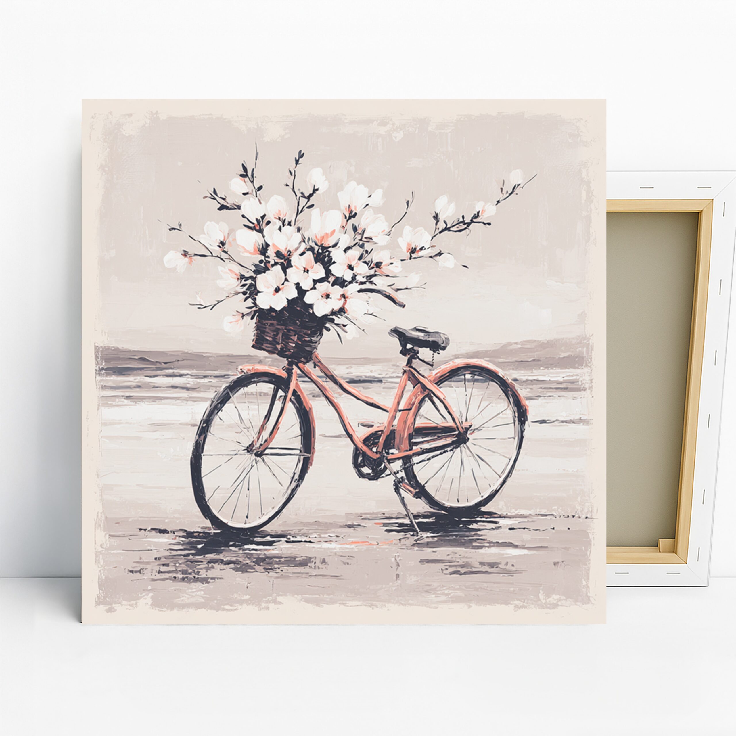 Bicycle Flower Basket Art, Canvas or Poster, Vintage Floral Nature Decor, Living Room Bedroom Entryway Wall Art, Pink White Grey Brown