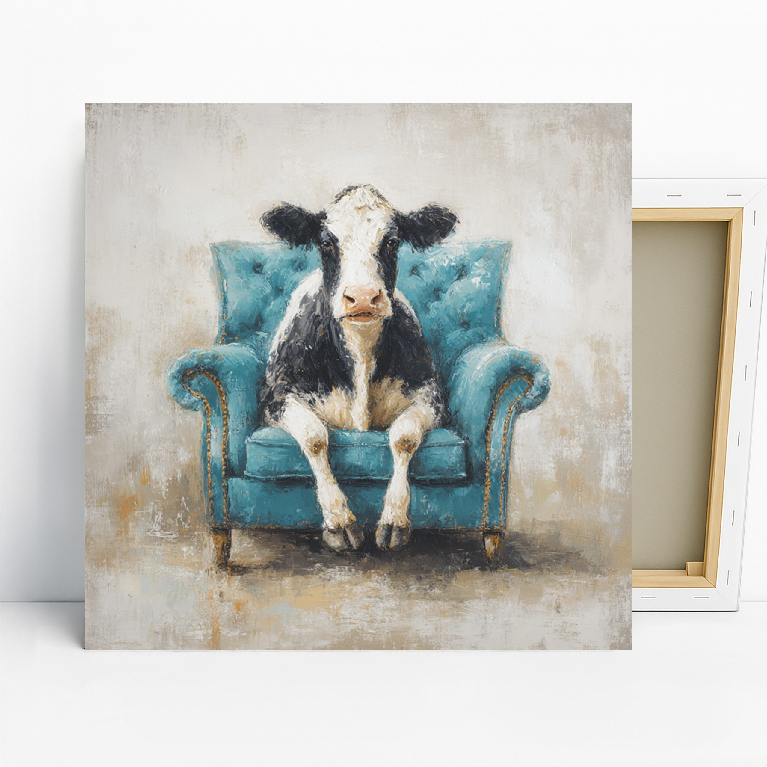 Cow in Armchair Art, Canvas or Poster, Whimsical Modern Farmhouse Decor, Living Room Office Bedroom Wall Art, Black White Turquoise