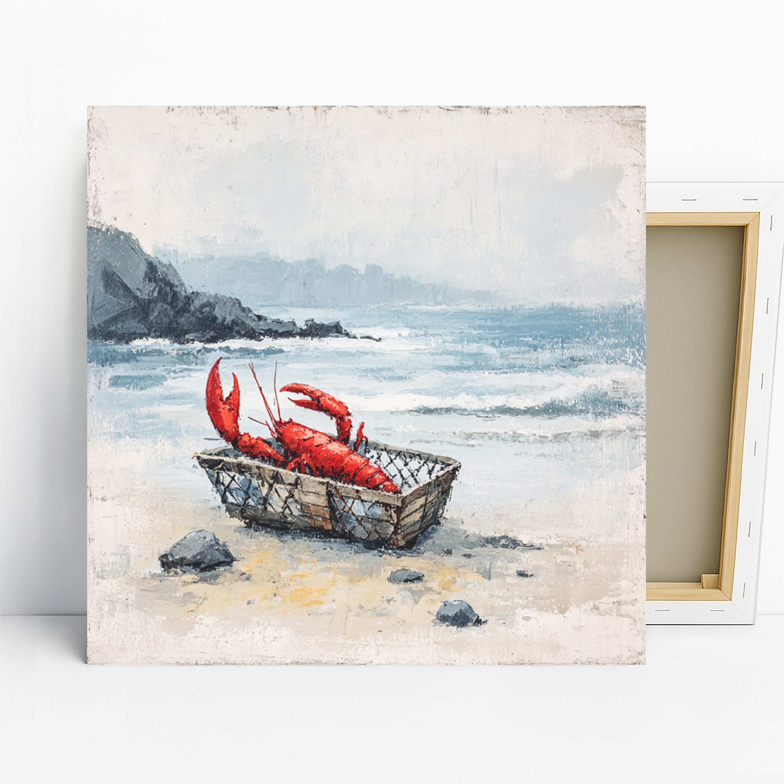 Lobster Art, Canvas or Poster, Coastal Rustic Modern Decor, Kitchen Dining Room Beach House Wall Art, Red Blue Gray and White