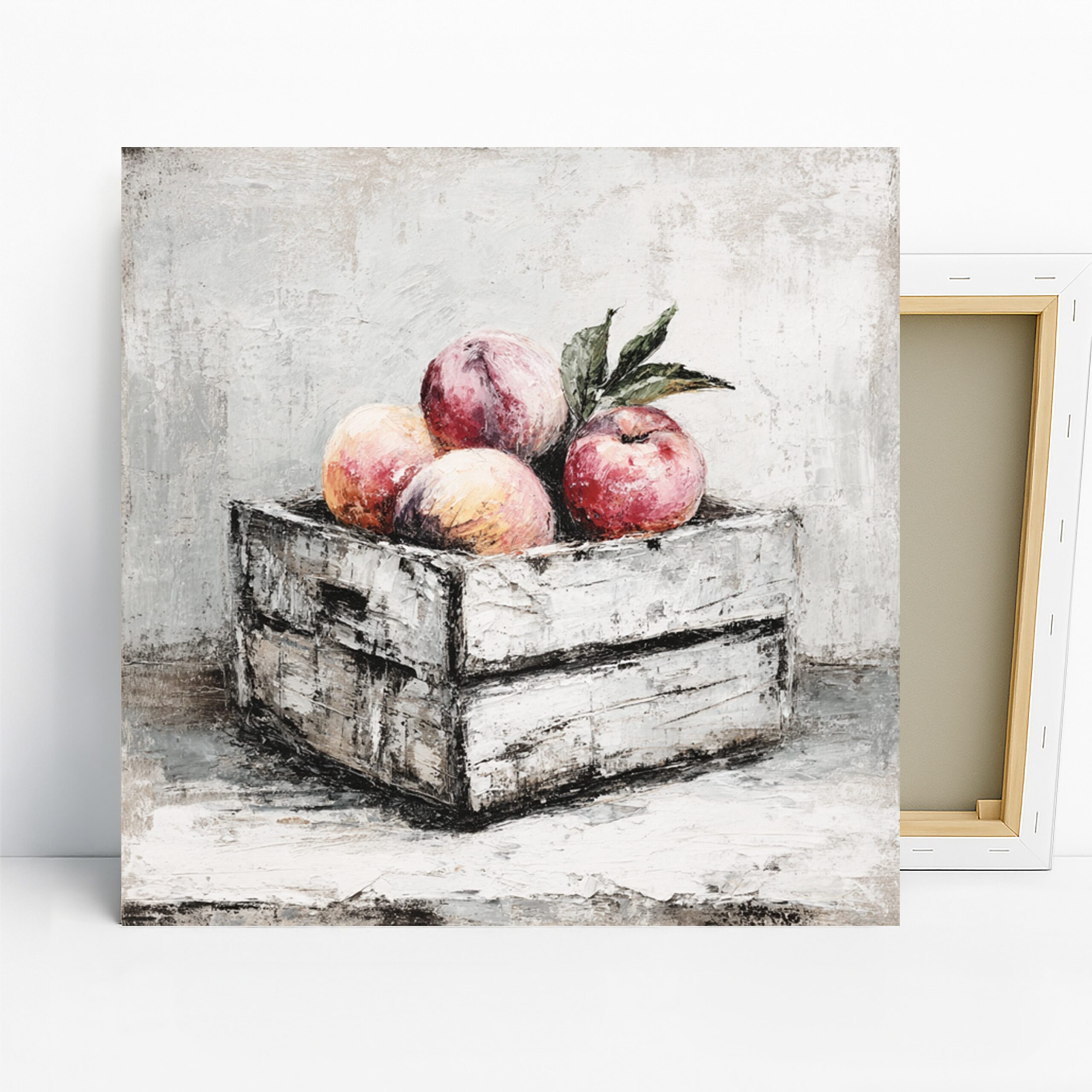 Rustic Peach Crate Art, Canvas or Poster, Still Life Vintage Decor, Kitchen Dining Room Pantry Wall Art, Red White Green Pink