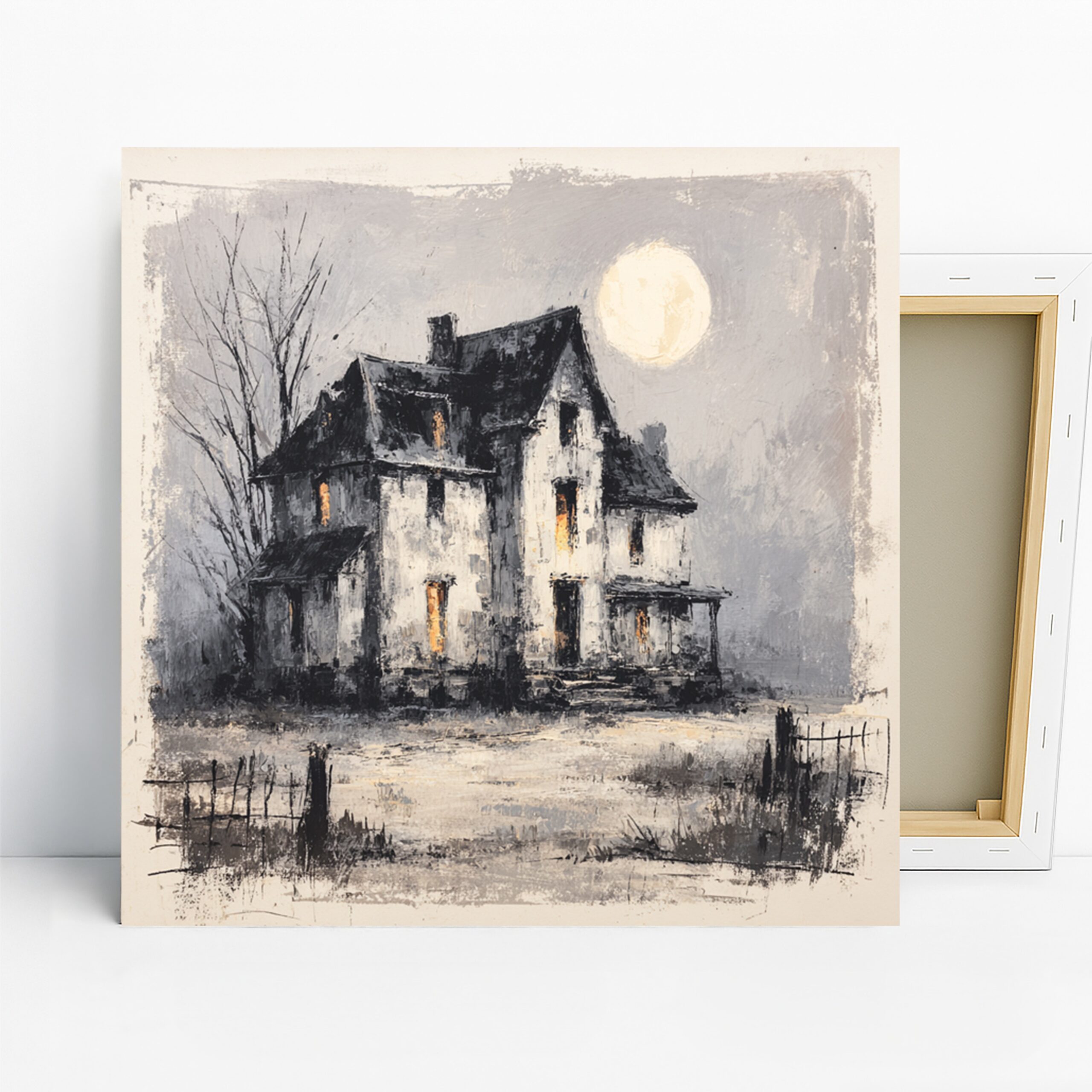 Haunted Farmhouse Night Art, Canvas or Poster, Vintage Rustic Decor, Living Room Bedroom Attic Wall Art, Grey Black White Yellow