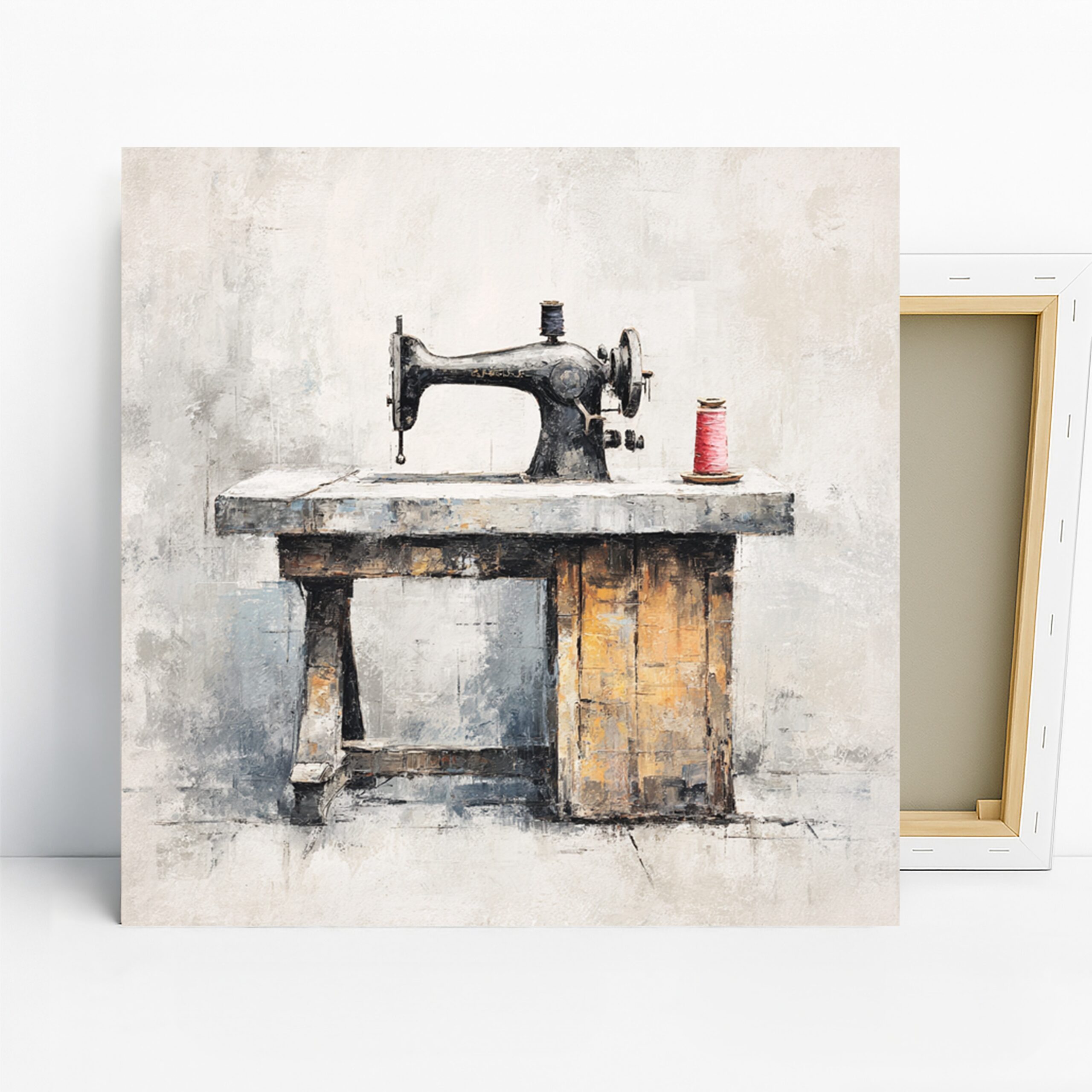 Vintage Sewing Machine Art, Canvas or Poster, Still Life Rustic Decor, Craft Room Laundry Room Office Bedroom Wall Art,Black White Red Brown