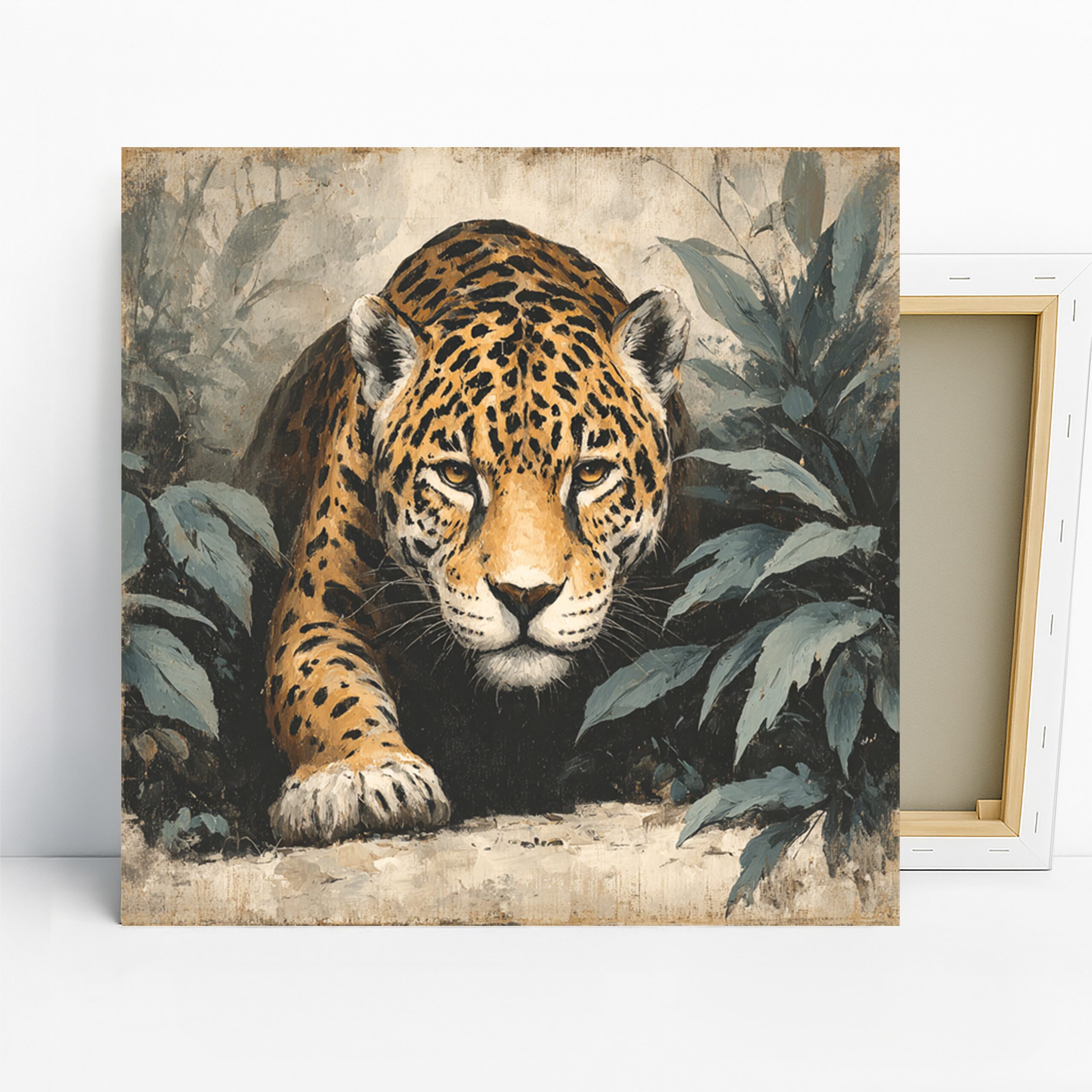 Jungle Jaguar Art, Canvas or Poster, Animal Nature Tropical Decor, Living Room Office Bedroom Wall Art, Gold Green Black Brown