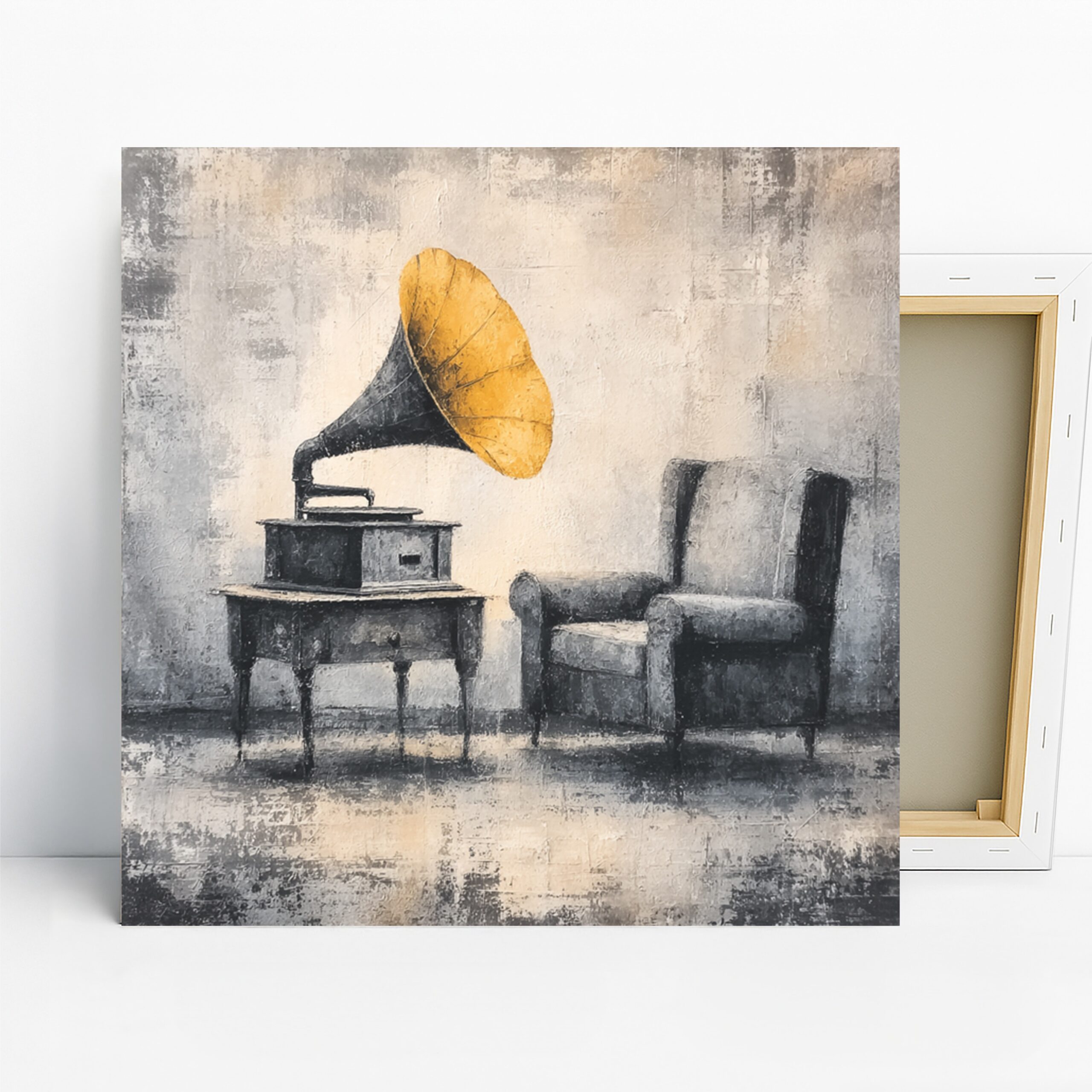 Vintage Gramophone Art, Canvas or Poster, Retro Still Life Decor, Living Room Office Bedroom Wall Art, Yellow Grey Beige, Music Decor