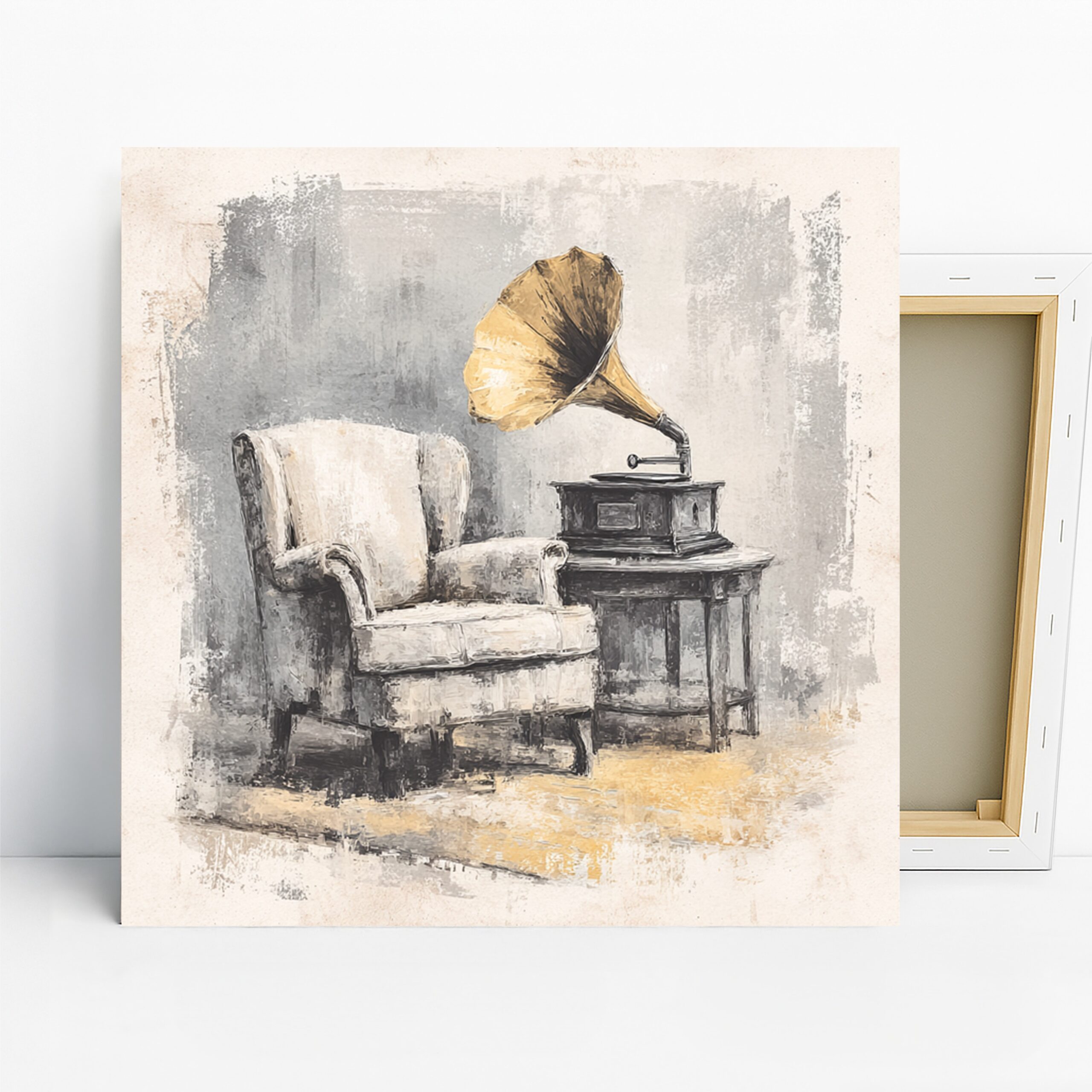Vintage Gramophone Armchair Art, Canvas or Poster, Vintage Retro Decor, Living Room Bedroom Office Wall Art, Grey Gold Black and White