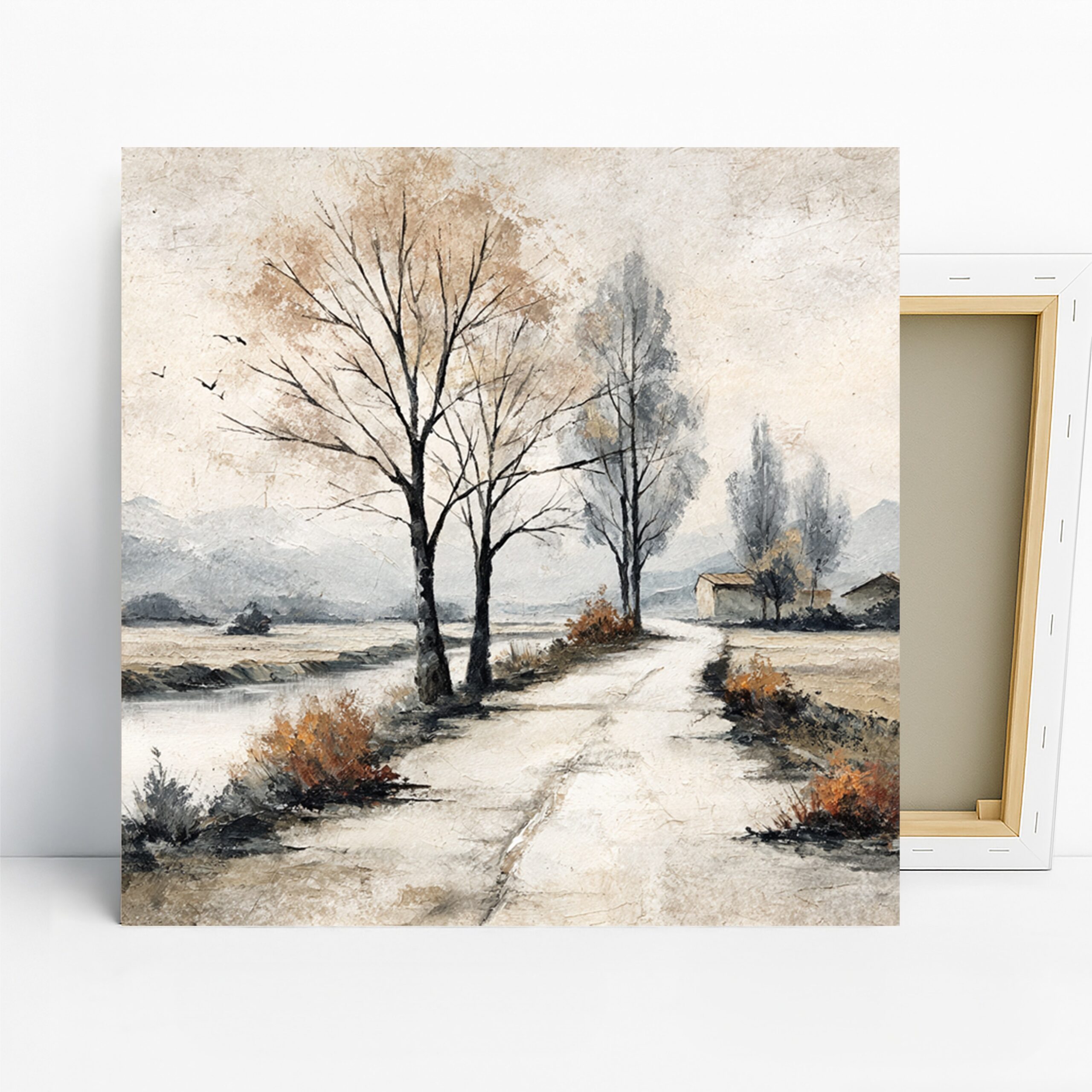 Winter Landscape Tree Art, Canvas or Poster, Impressionism Rustic Decor, Living Room Bedroom Office Wall Art, Brown Grey White Beige
