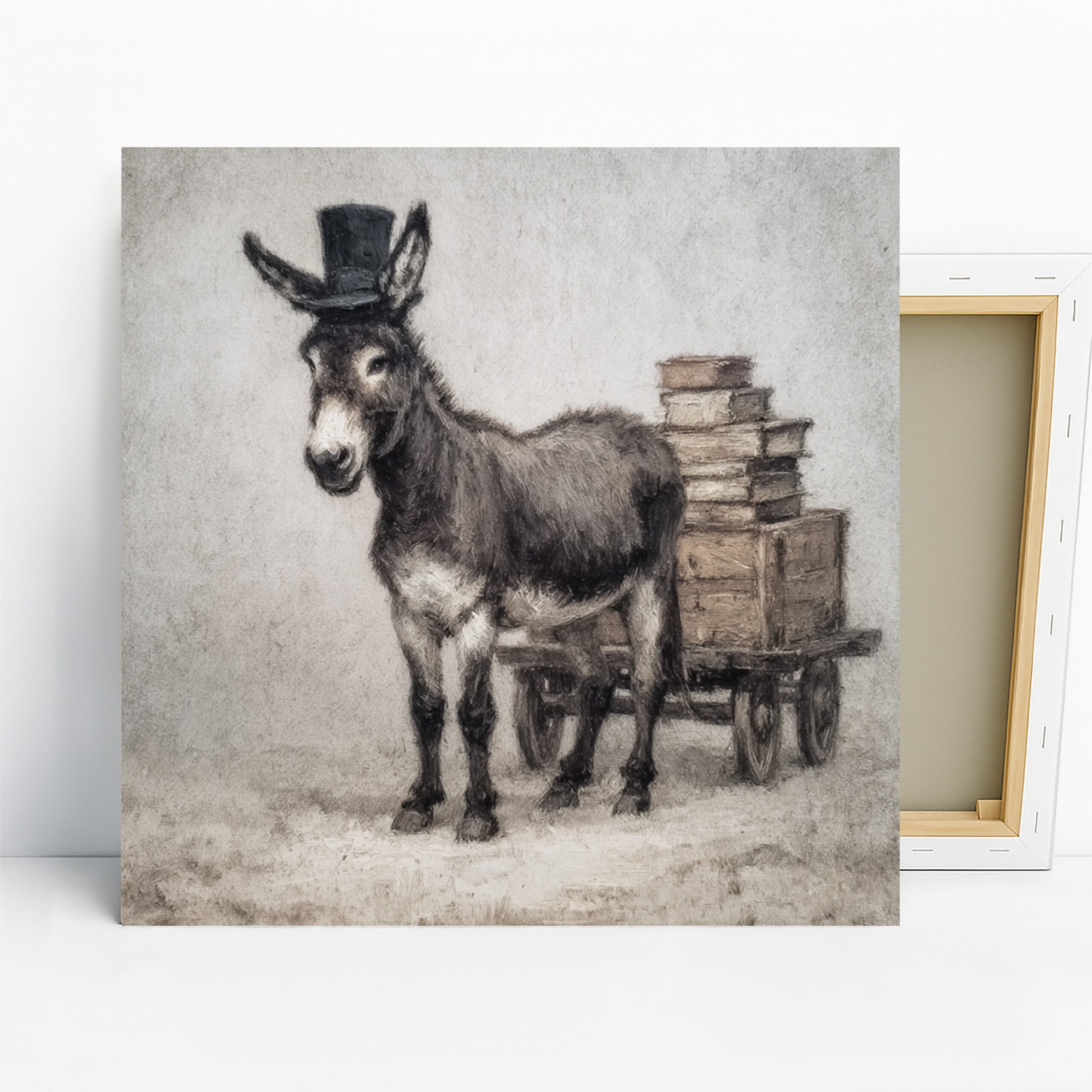 Donkey Art, Canvas or Poster, Whimsical Vintage Rustic Decor, Living Room Office Library Study Wall Art, Gray Black Brown