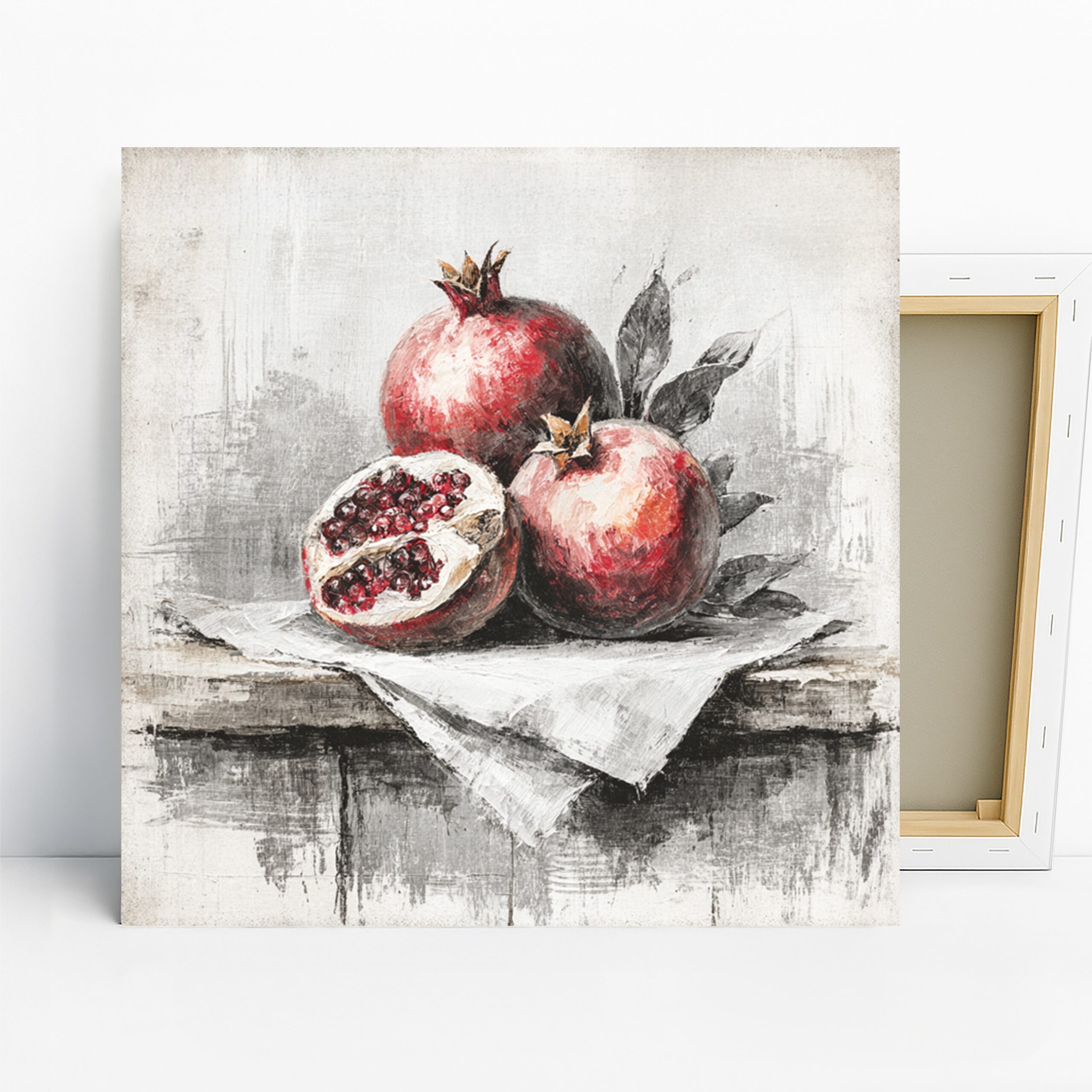 Pomegranate Art, Canvas or Poster, Rustic Traditional Decor, Dining Room Kitchen Living Room Office Wall Art, Red Green White Grey