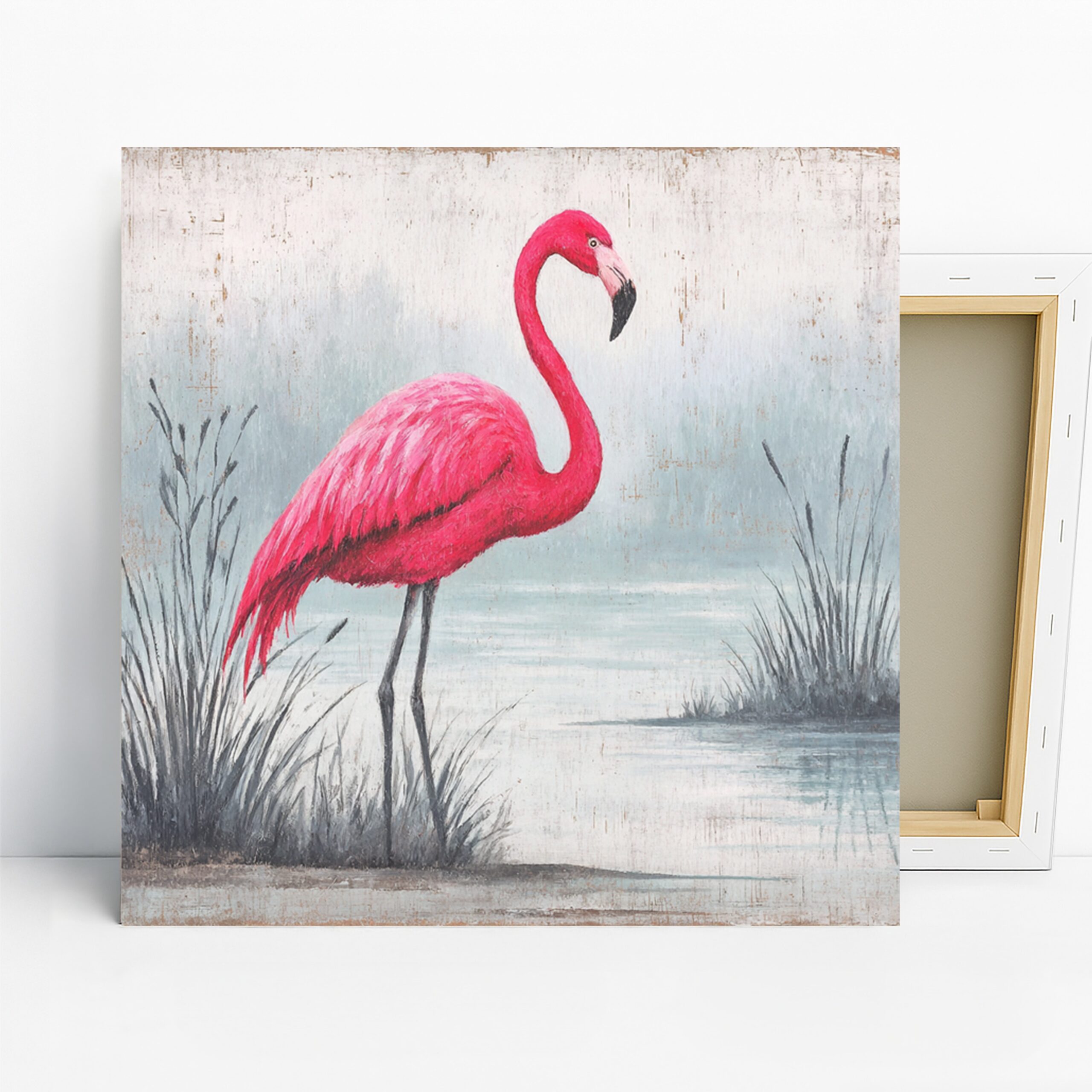 Pink Flamingo Art, Canvas or Poster, Nature Coastal Decor, Bathroom Living Room Bedroom Dining Room Wall Art, Pink White Grey Blue