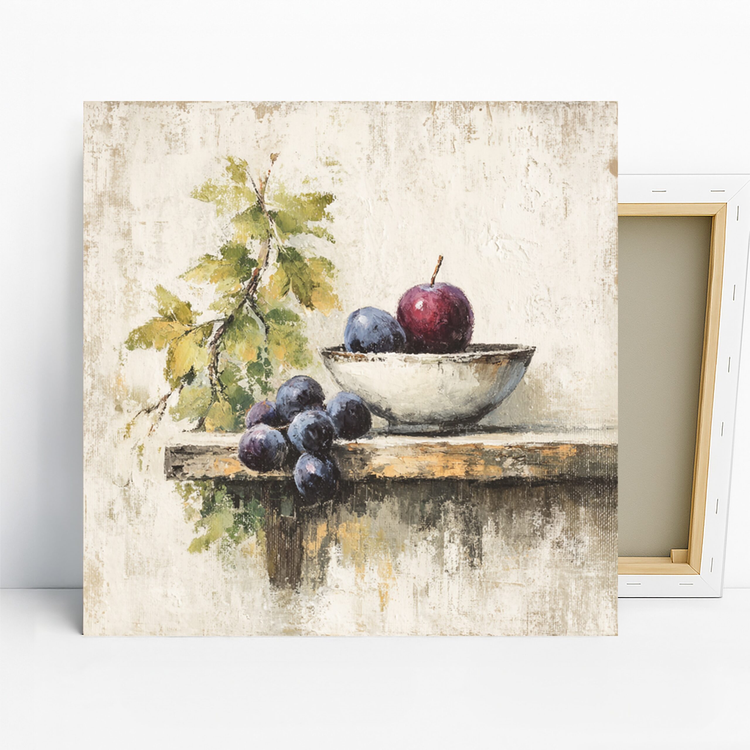 Fruit Bowl Art, Canvas or Poster, Still Life Rustic Decor, Dining Room Kitchen Living Room Office Wall Art, Purple Green White Blue