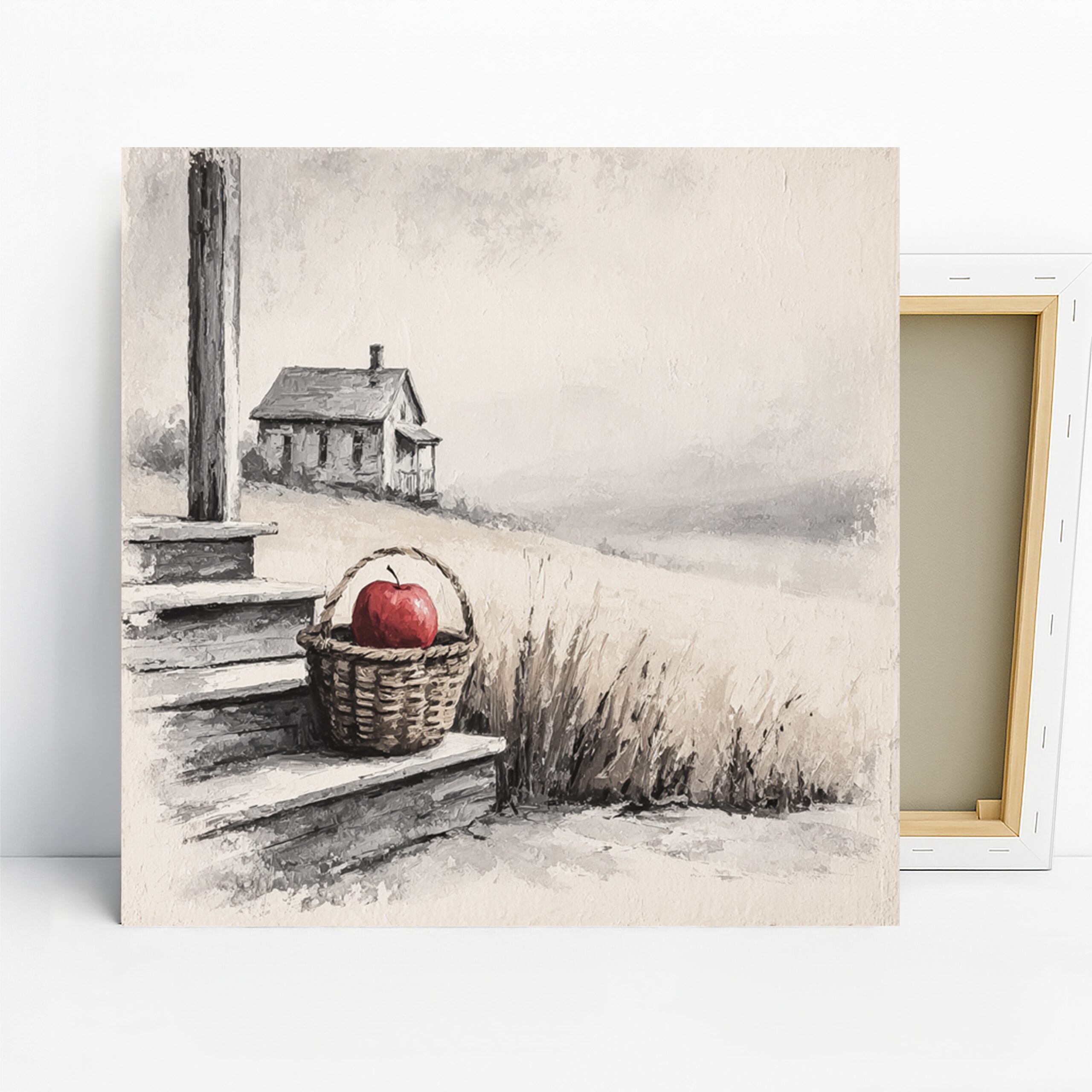 Rustic Apple Basket Art, Canvas or Poster, Vintage Still Life Decor, Kitchen Dining Room Living Room Wall Art, Red Grey White Brown