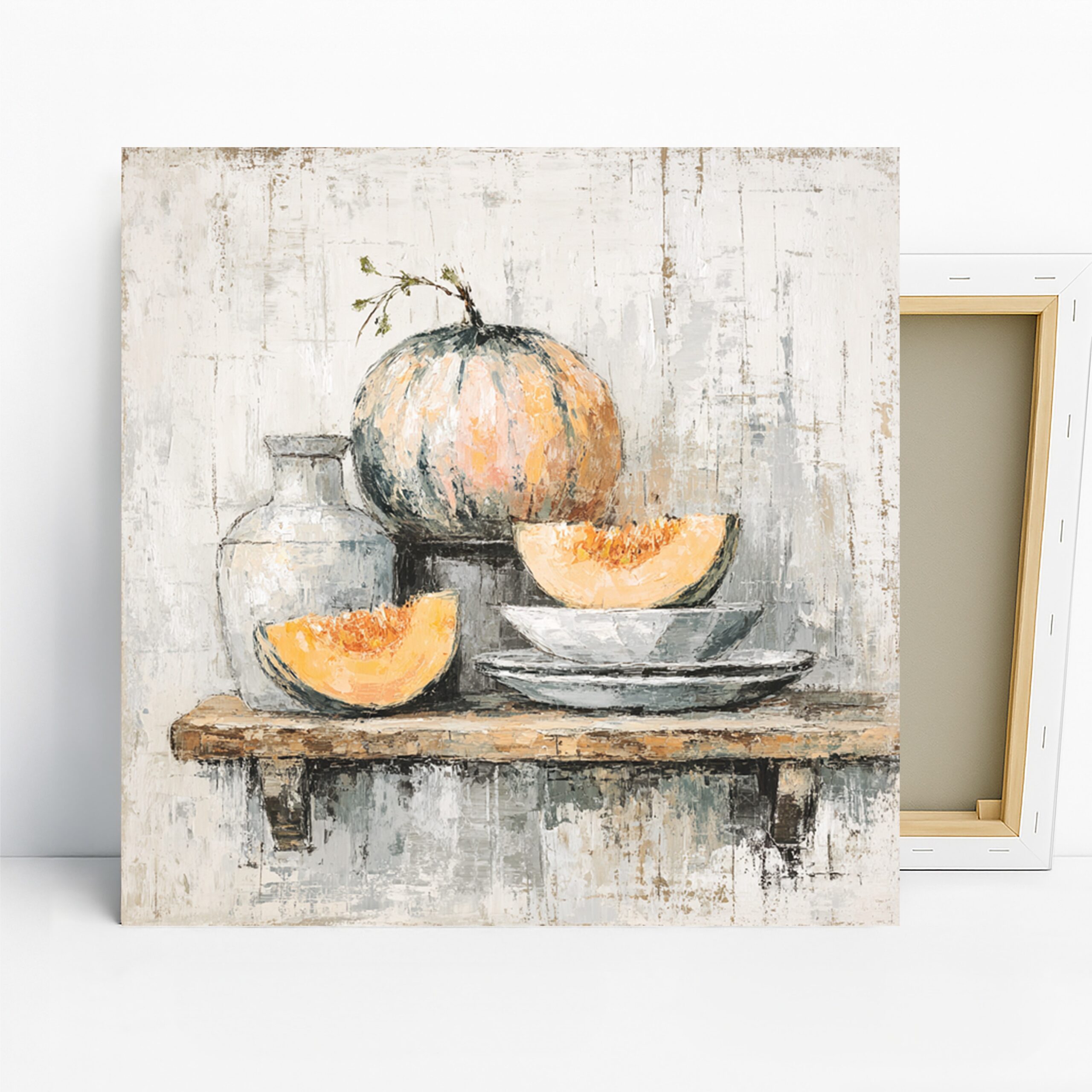 Rustic Melon Still Life Art, Canvas or Poster, Vintage Farmhouse Decor, Kitchen Dining Room Living Room Wall Art, Orange Grey White