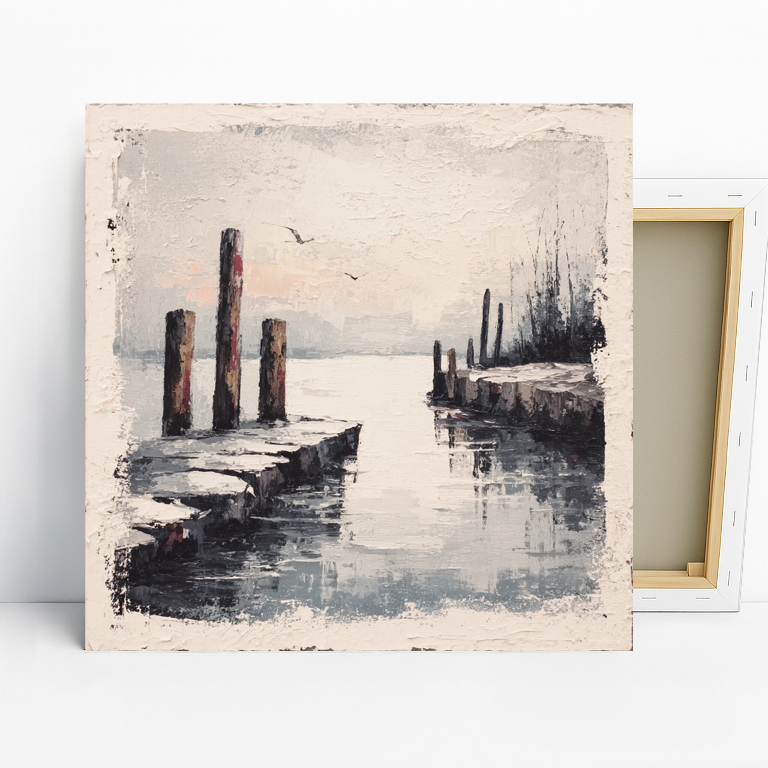 Bird Lakeside Pier Art, Canvas or Poster, Impressionism Coastal Decor, Living Room Bedroom Bathroom Wall Art, Grey Blue Brown and White