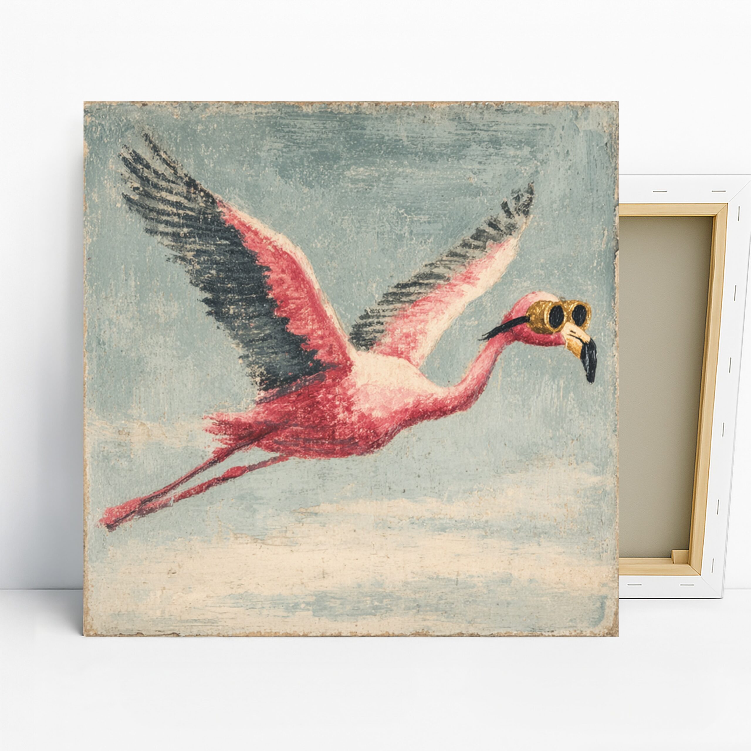 Flamingo Art, Canvas or Poster, Whimsical Vintage Decor, Living Room Bedroom Office Wall Art, Pink Gold Blue, Steampunk Animal Print