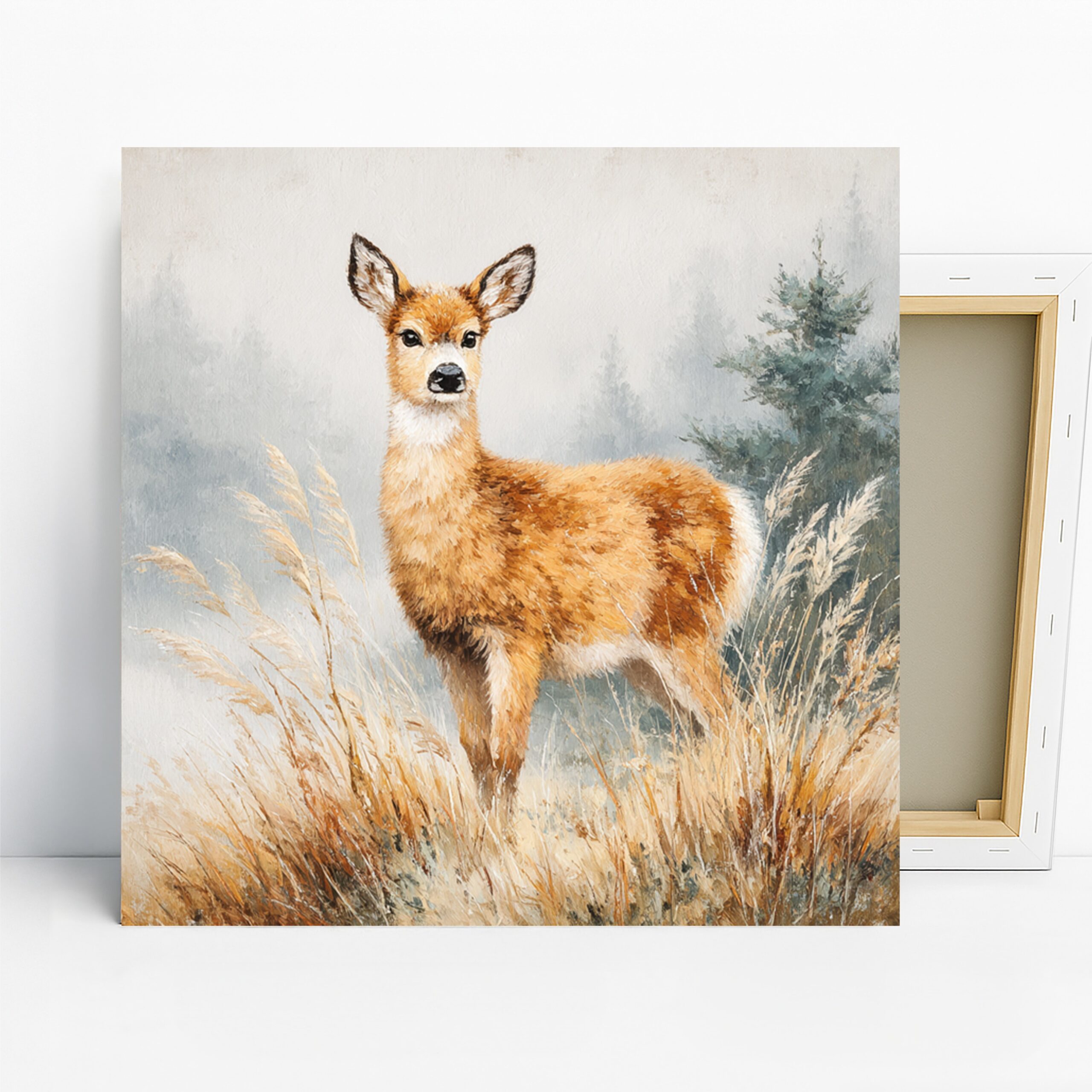 Deer Forest Art, Canvas or Poster, Nature Rustic Modern Decor, Living Room Bedroom Office Wall Art, Brown Green White Gray