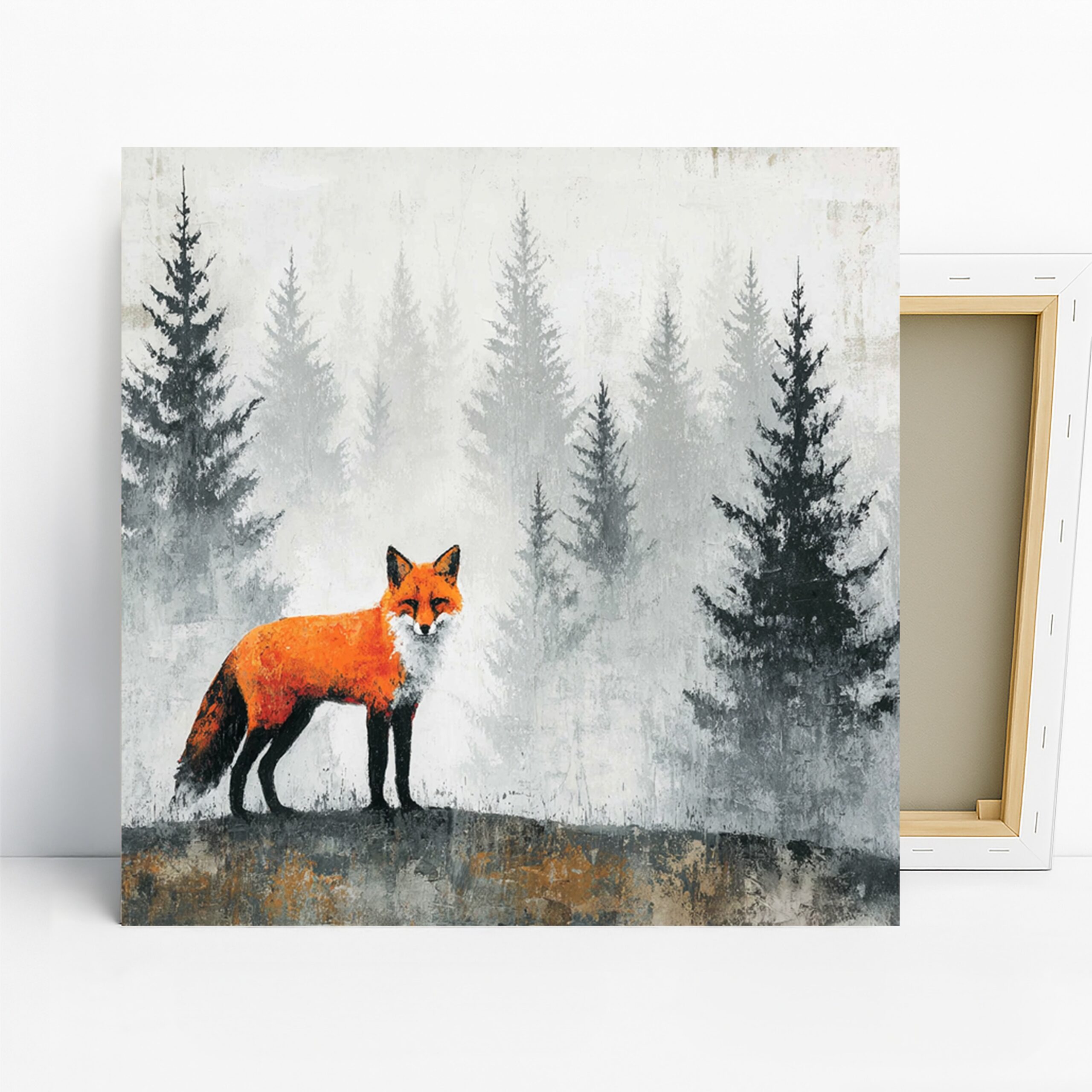 Fox in Misty Forest Art, Canvas or Poster, Nature Contemporary Decor, Living Room Bedroom Office Dining Room Wall Art, Orange Grey White