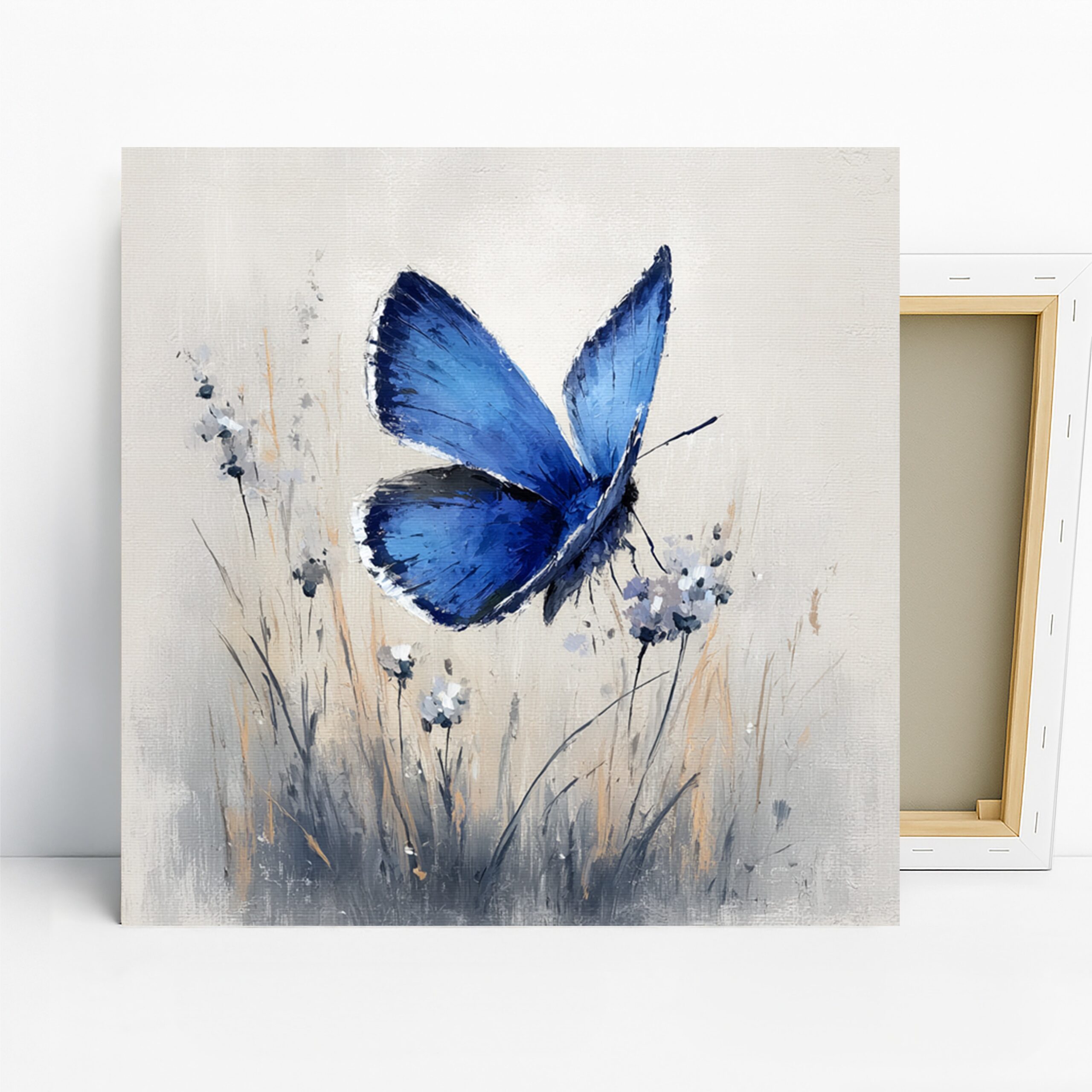 Blue Butterfly Art, Canvas or Poster, Contemporary Minimalist Decor, Living Room Bedroom Office Nursery Wall Art, Blue White Gray