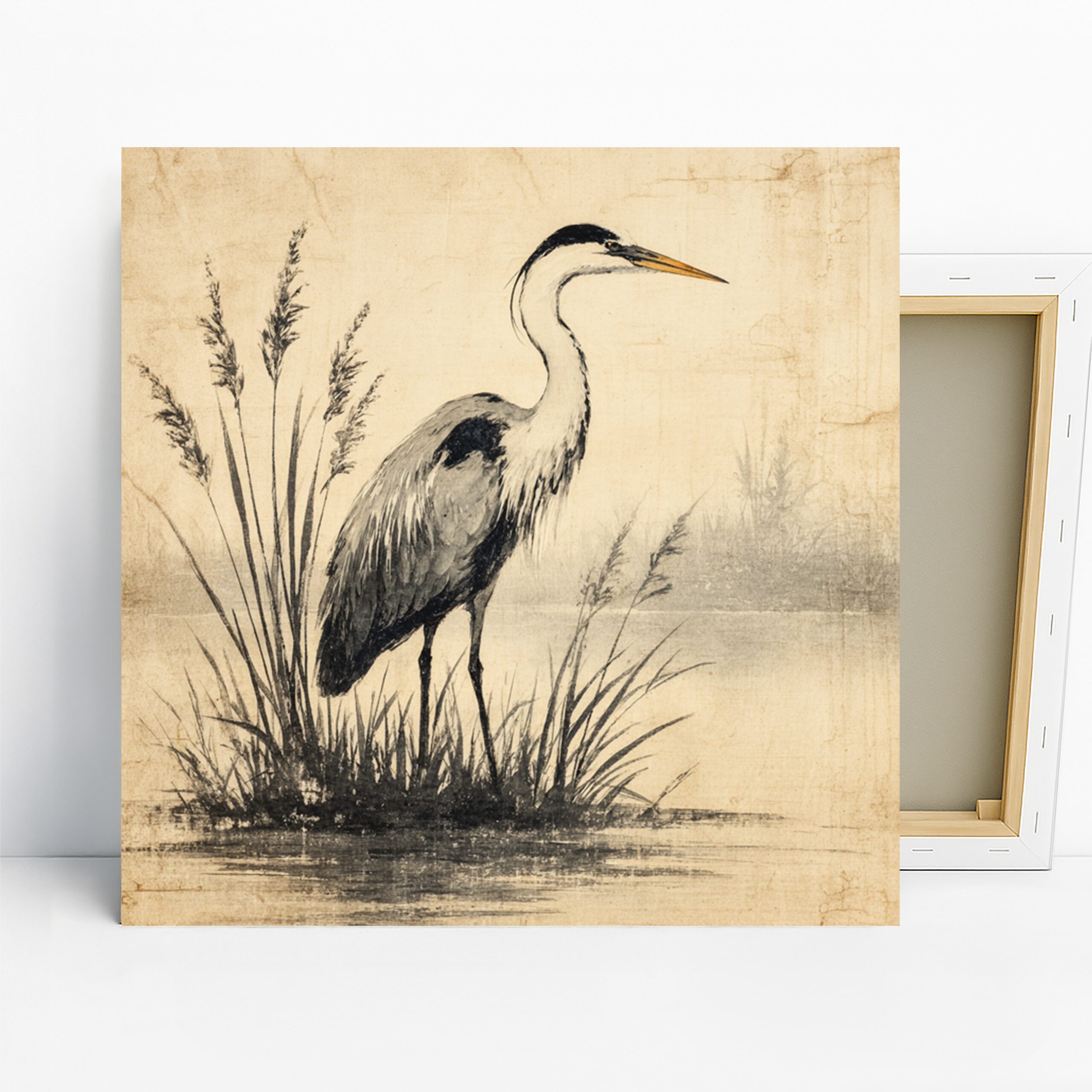 Heron Art, Canvas or Poster, Nature Classic Decor, Living Room Bedroom Office Bathroom Wall Art, Grey Black White Beige Elegant