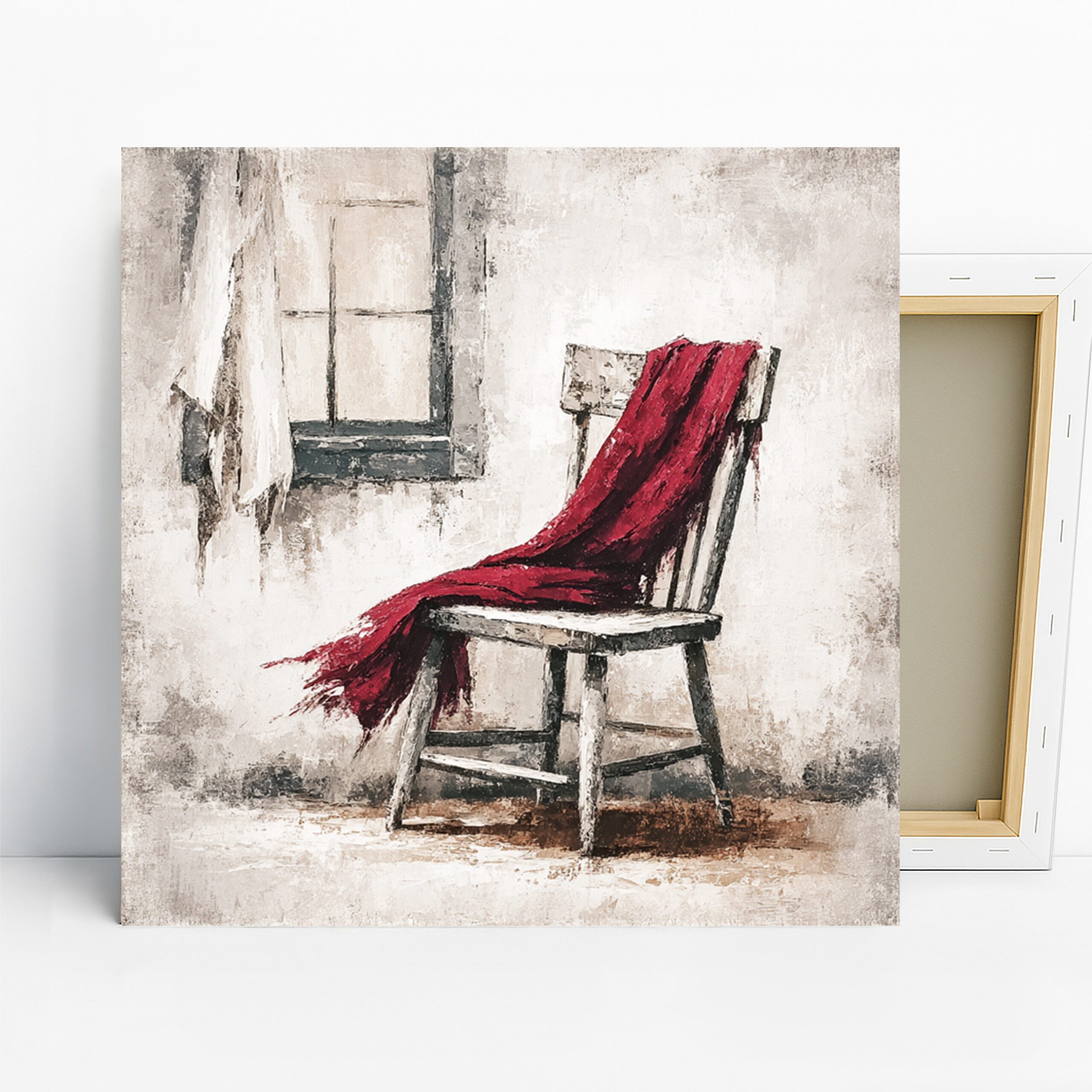 Red Scarf Chair Art, Canvas or Poster, Vintage Still Life Decor, Living Room Bedroom Dining Room Wall Art, Red White Grey and Brown