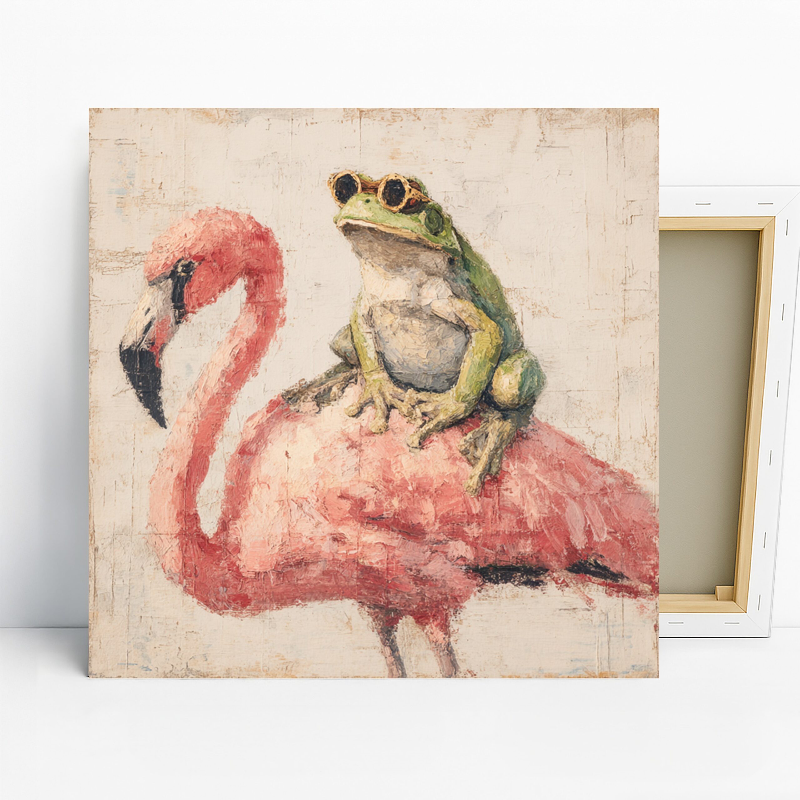 Flamingo Frog Duo Art, Canvas or Poster, Whimsical Contemporary Decor, Living Room Bedroom Children’s Room Wall Art, Pink Green White