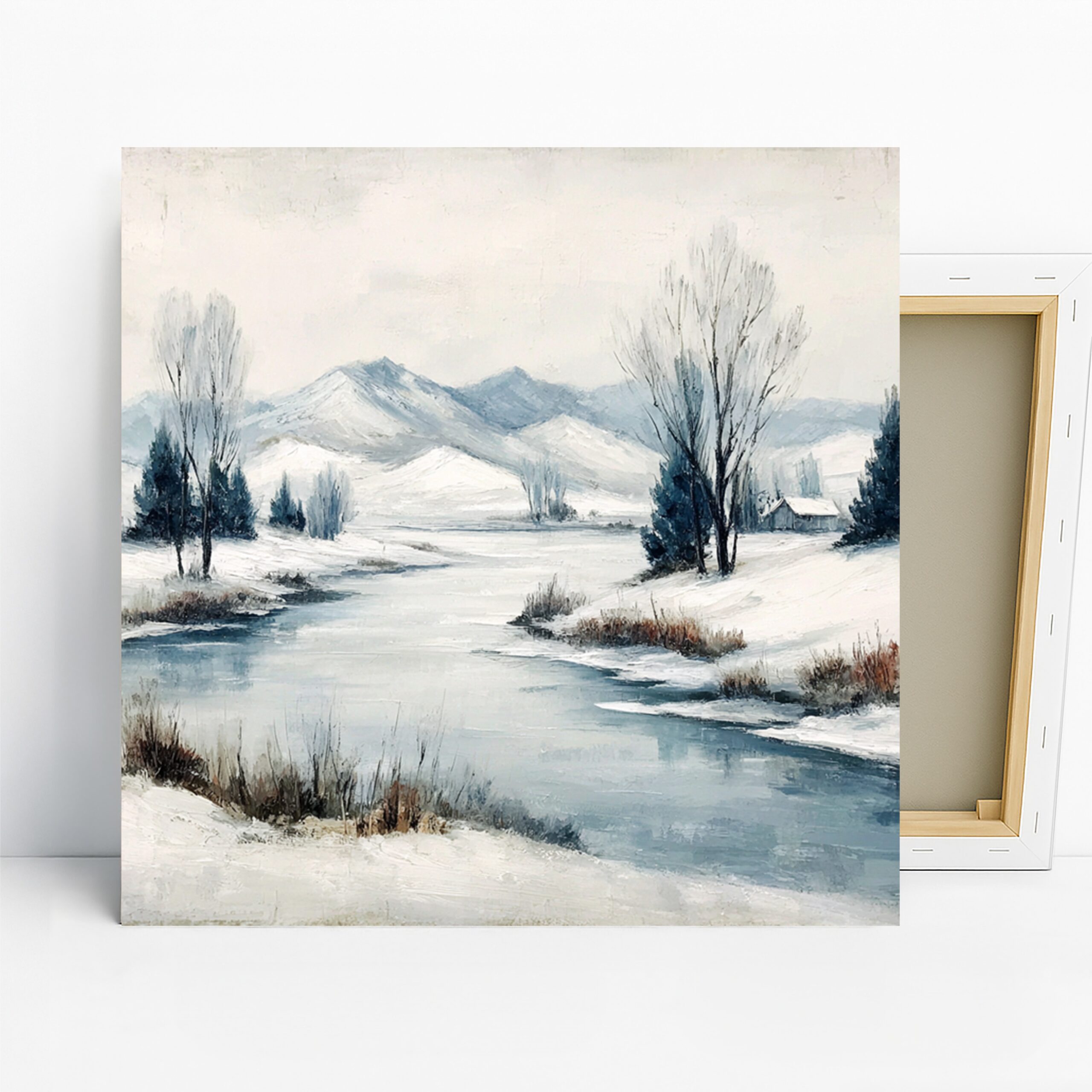 Snowy Mountain Stream Art, Canvas or Poster, Nature Contemporary Decor, Living Room Bedroom Office Dining Wall Art, Blue White Grey
