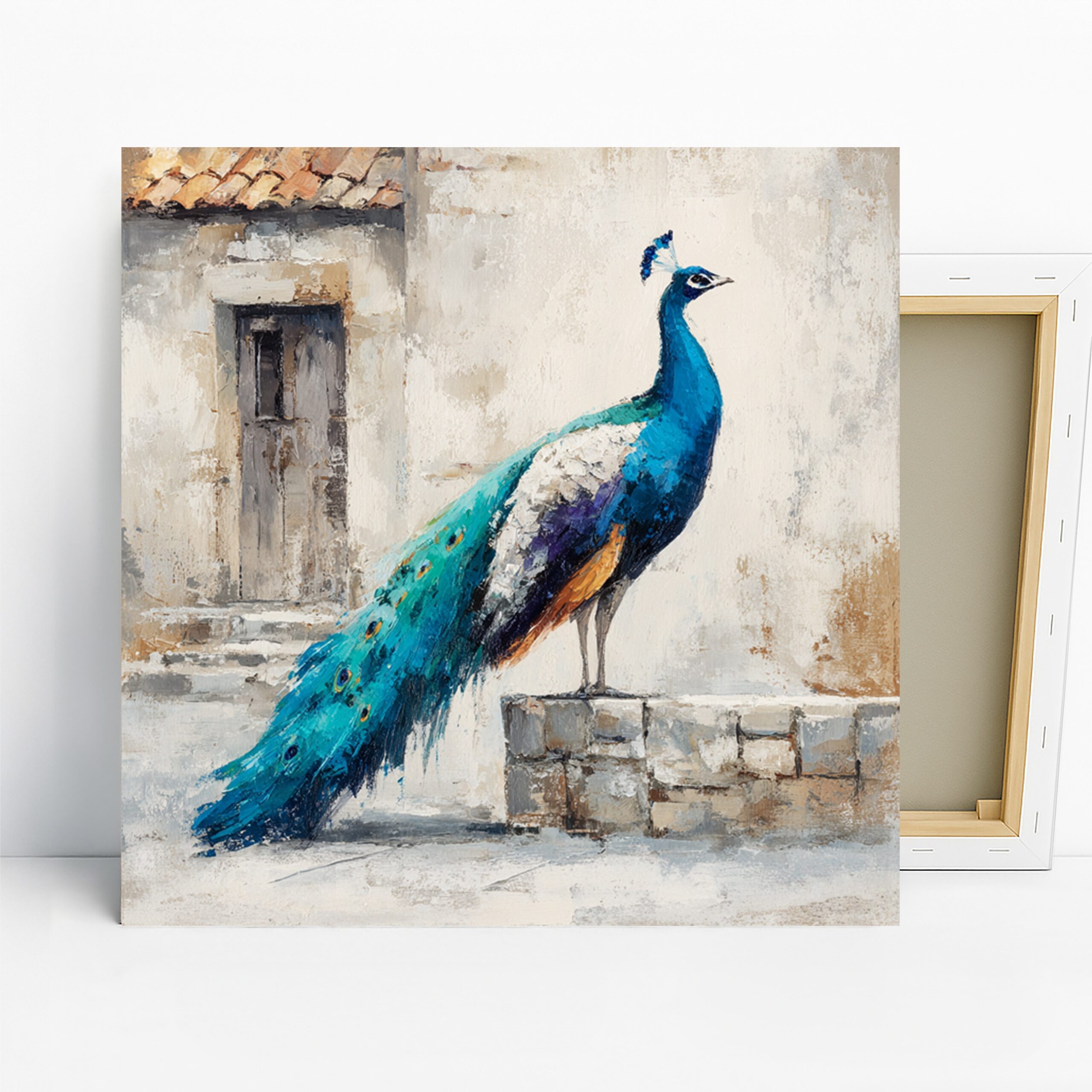 Peacock Art, Canvas or Poster, Nature Modern Rustic Decor, Living Room Bedroom Entryway Wall Art, Blue Turquoise White Brown