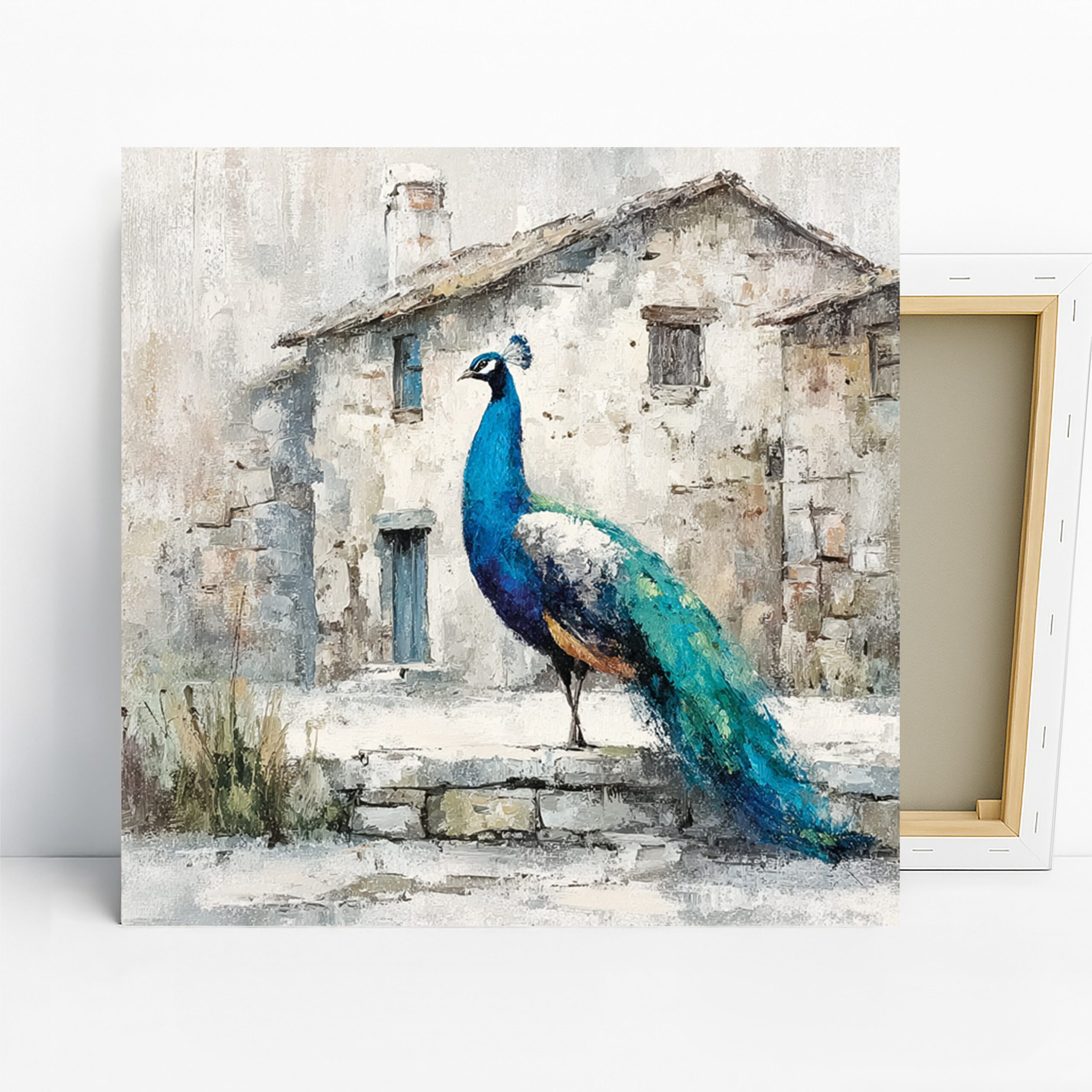 Peacock Art, Canvas or Poster, Contemporary Rustic Decor, Living Room Dining Room Bedroom Wall Art, Blue White Turquoise Brown