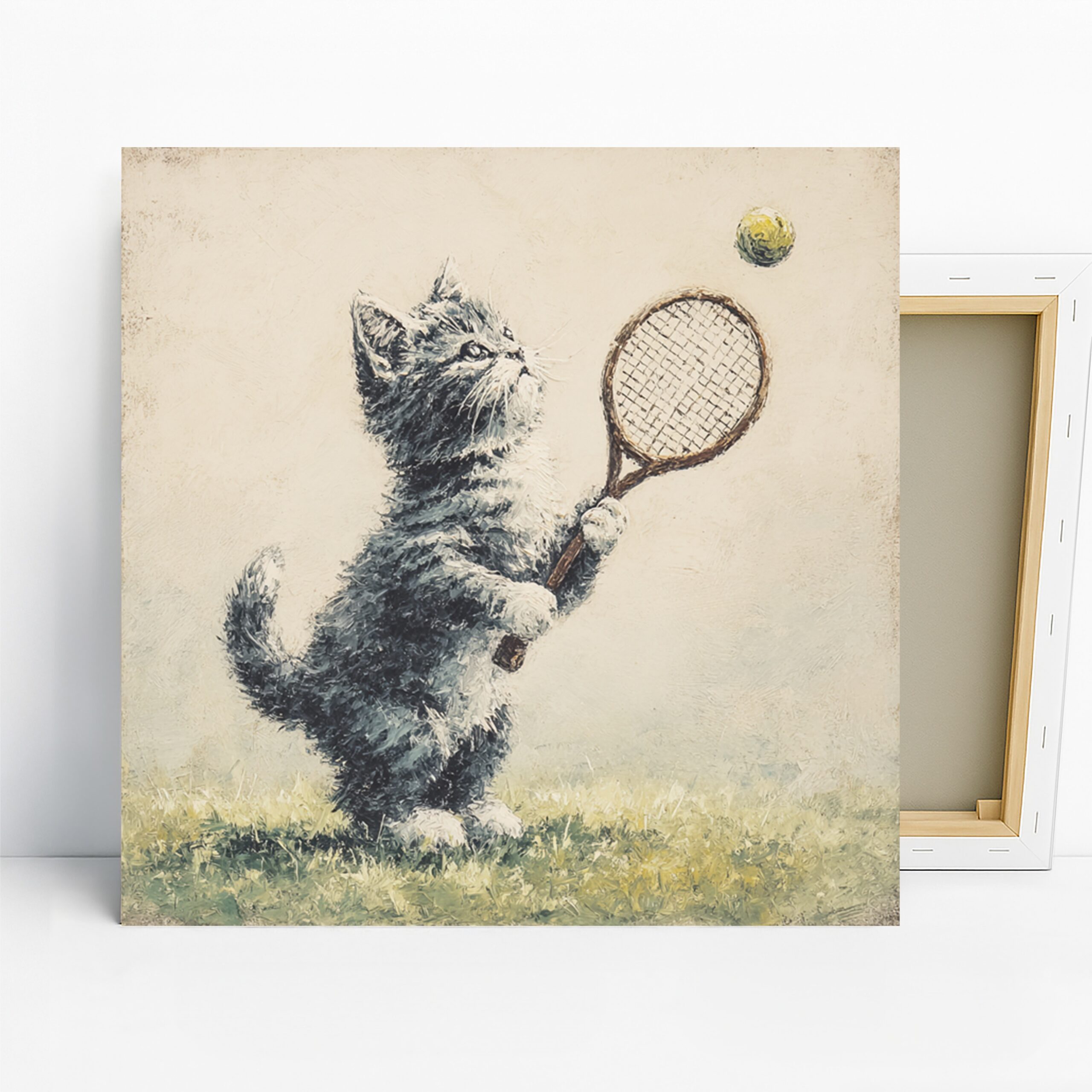 Cat Tennis Wall Art, Canvas or Poster, Whimsical Contemporary Decor, Living Room Children Room Game Room Office Wall Art, Grey Yellow Green