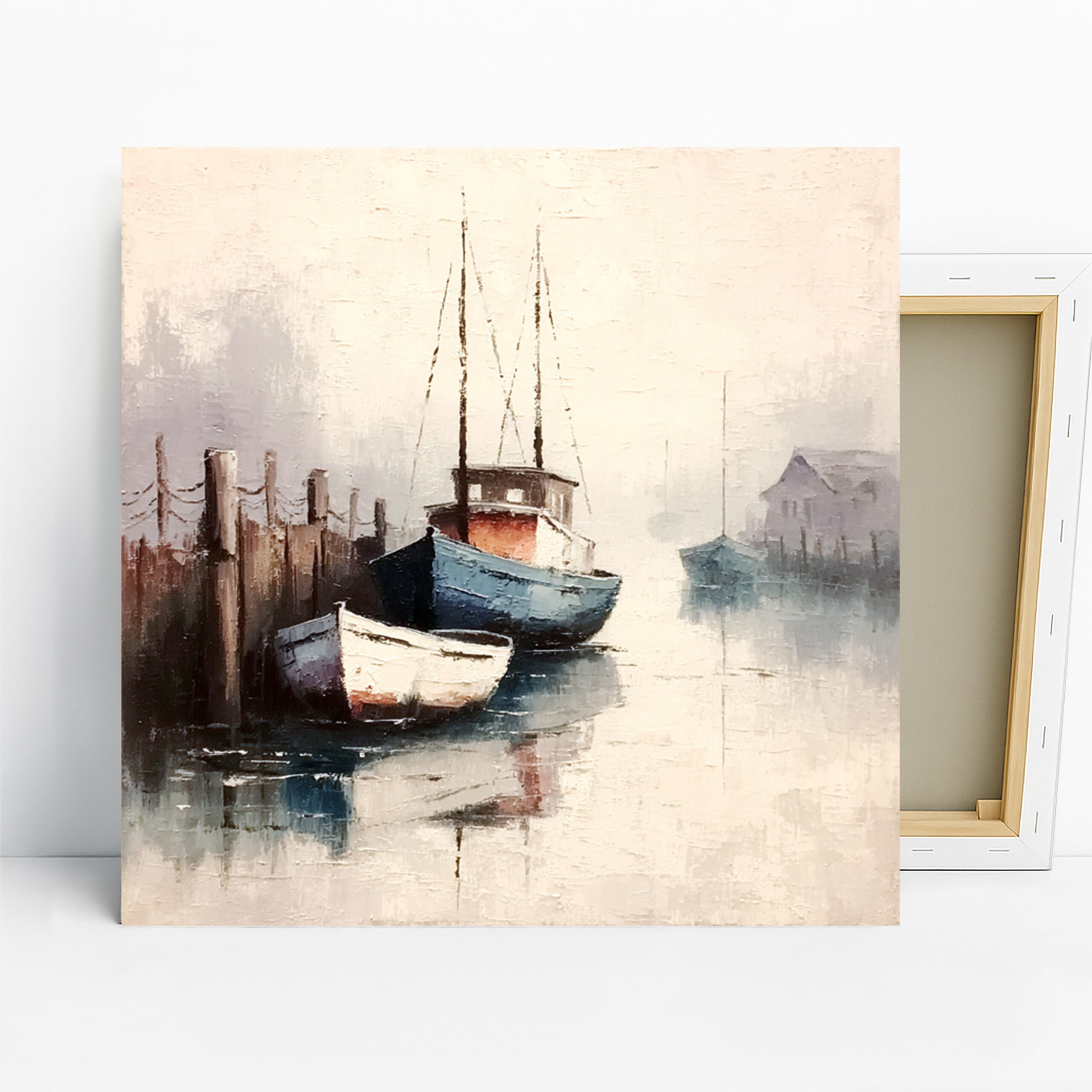 Harbor Boats Art, Canvas or Poster, Impressionism Rustic Coastal Decor, Living Room Bedroom Dining Room Wall Art, Blue Grey White Brown