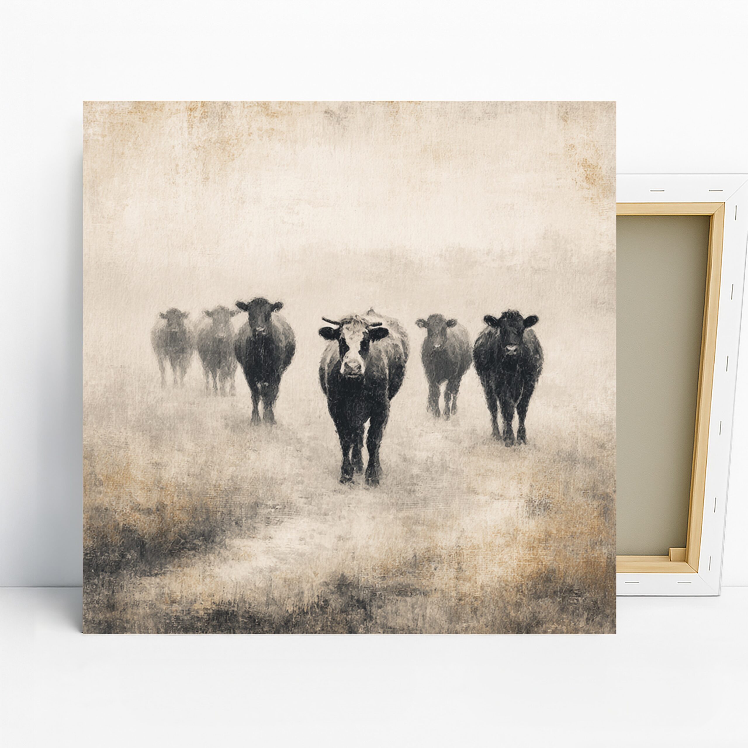 Cow Herd Art, Canvas or Poster, Nature Vintage Rustic Decor, Living Room Dining Room Bedroom Office Wall Art, Black White Grey Beige