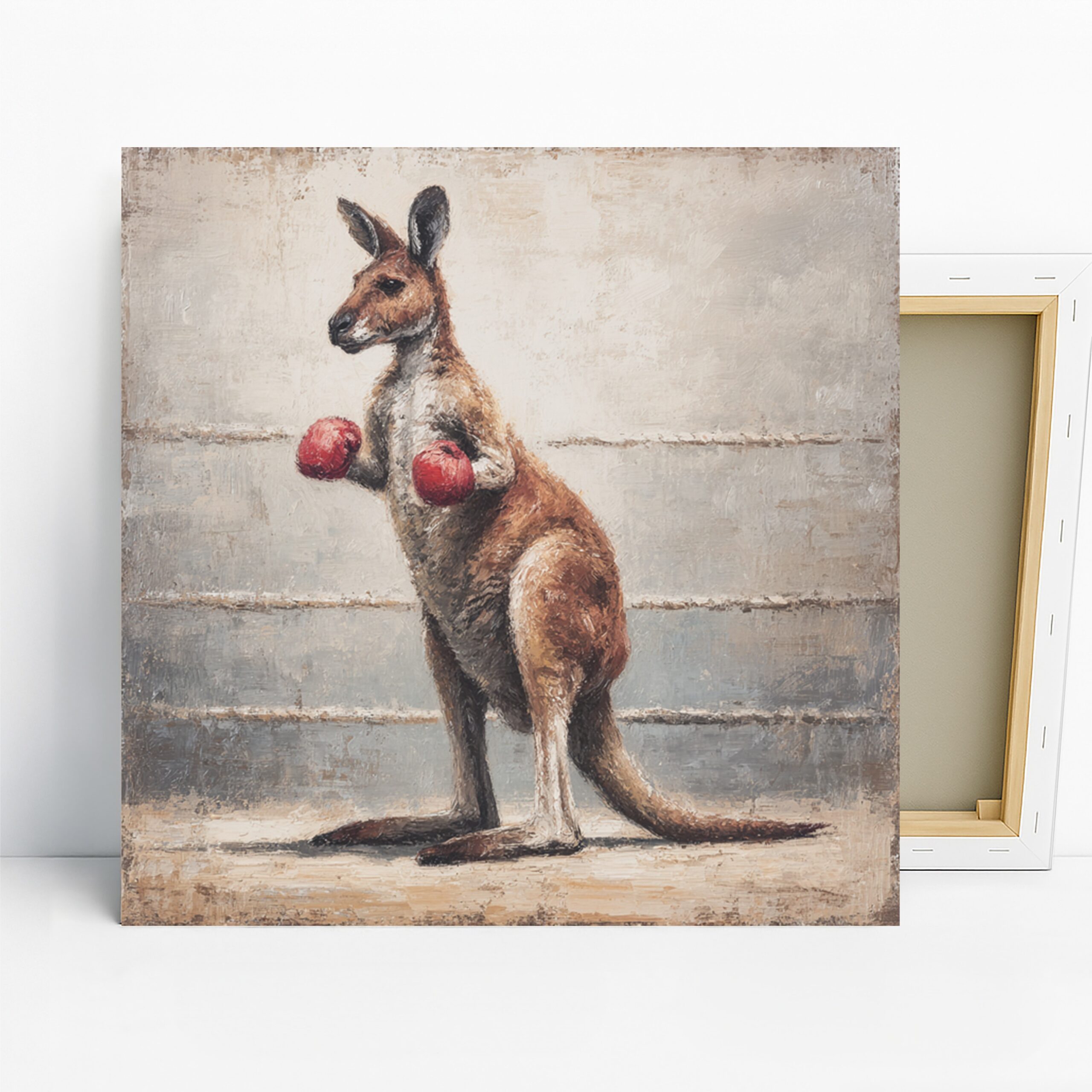 Kangaroo Art, Canvas or Poster, Whimsical Contemporary Decor, Living Room Home Gym Office Game Room Wall Art, Brown Red White Grey