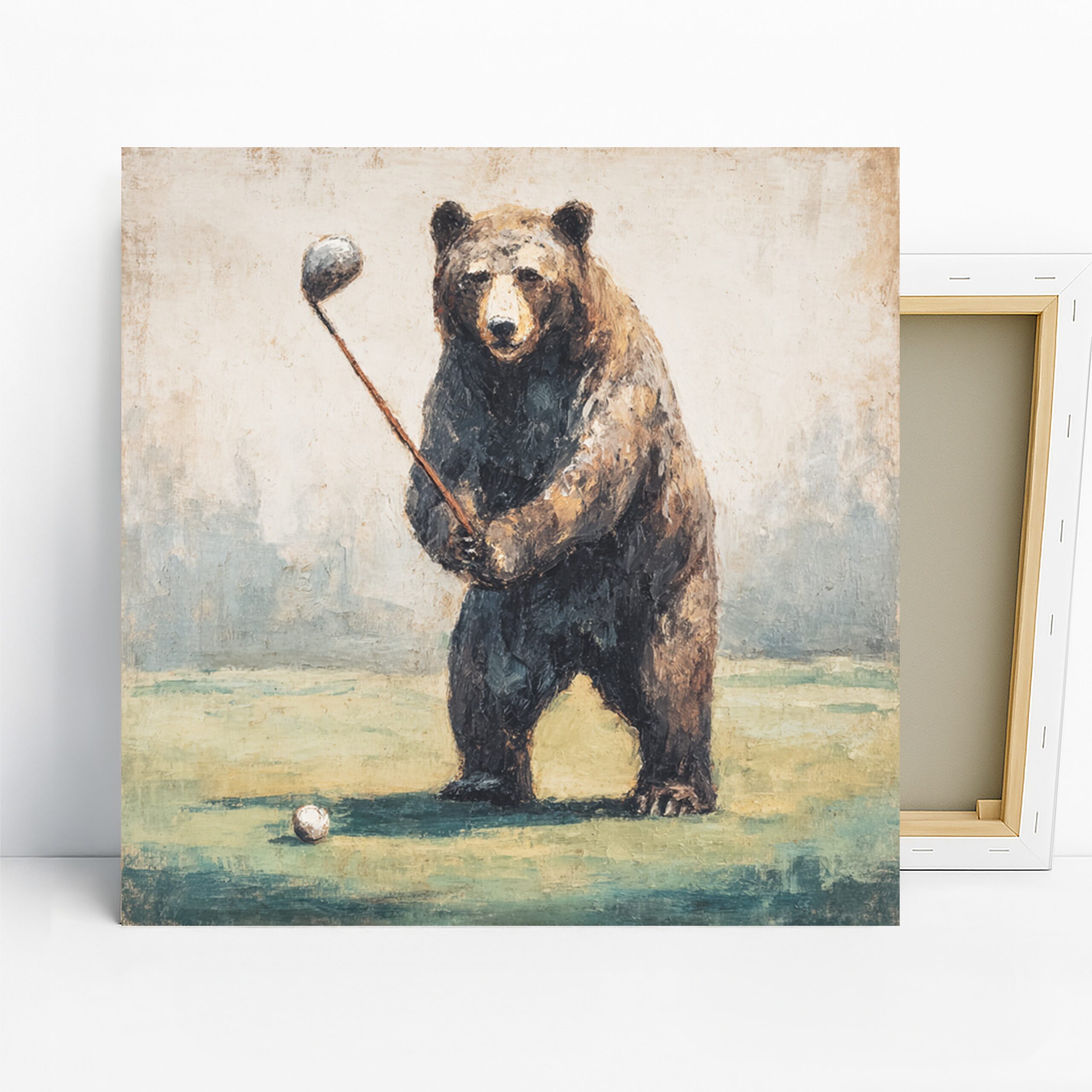 Bear Golf Art, Canvas or Poster, Whimsical Rustic Decor, Game Room Office Living Room Bedroom Wall Art, Brown Black Beige Green