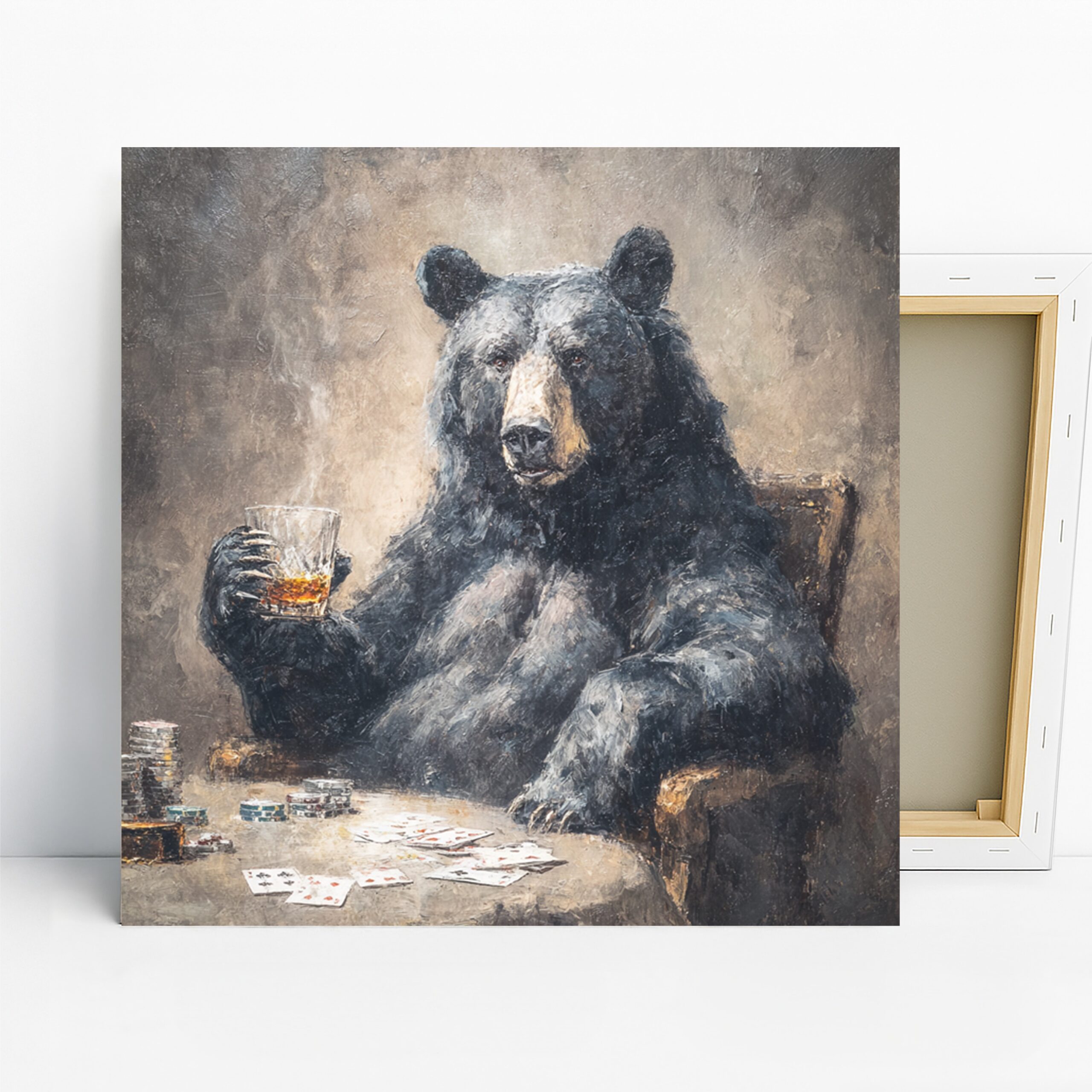 Bear Poker Night Art, Canvas or Poster, Whimsical Rustic Decor, Living Room Game Room Office Wall Art, Black Brown Beige Orange