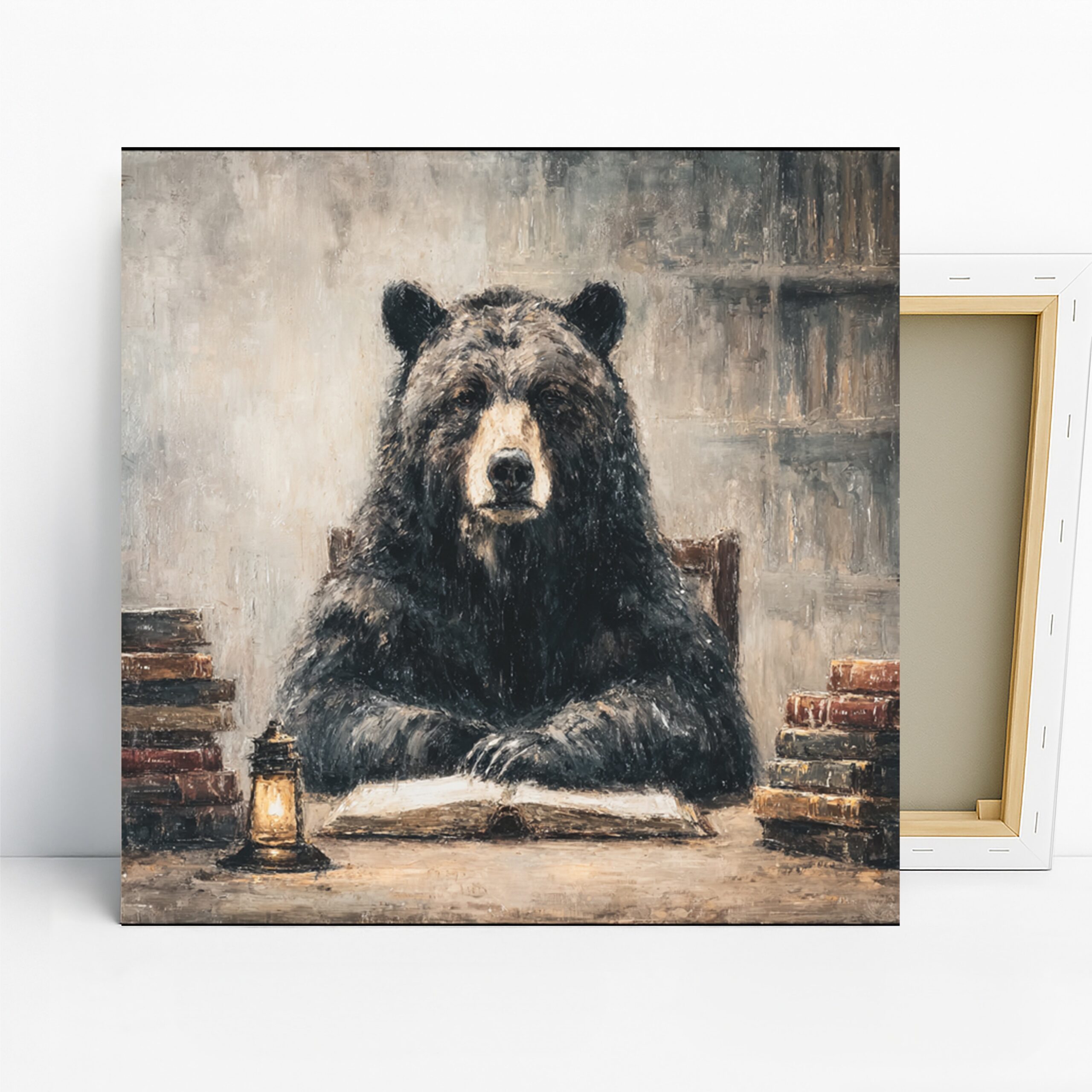 Bear Reading Book Art, Canvas or Poster, Whimsical Rustic Decor, Library Office Living Room Wall Art, Brown Black Beige White