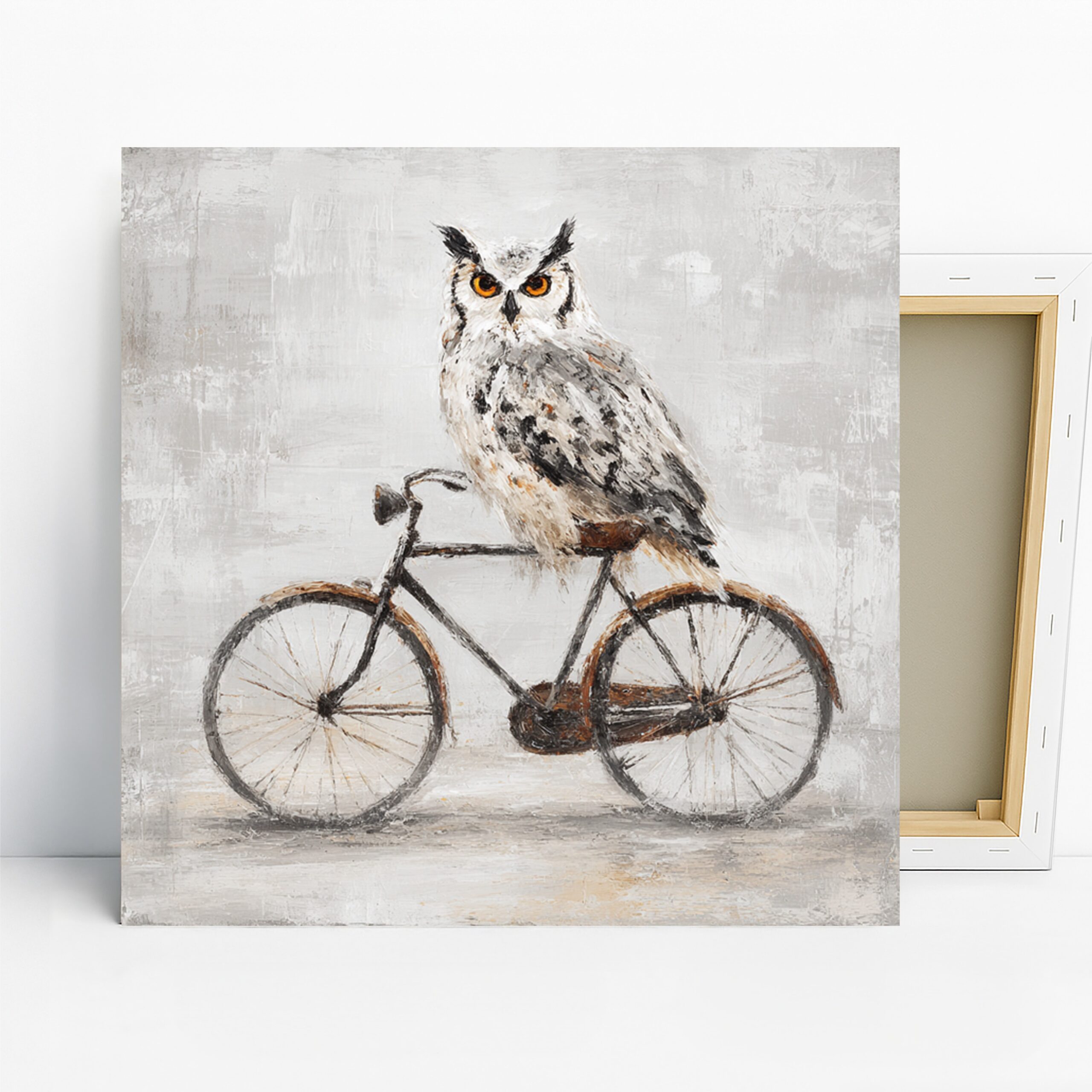 Owl Bicycle Art, Canvas or Poster, Whimsical Contemporary Decor, Living Room Office Children’s Room Wall Art, Orange White Gray Brown