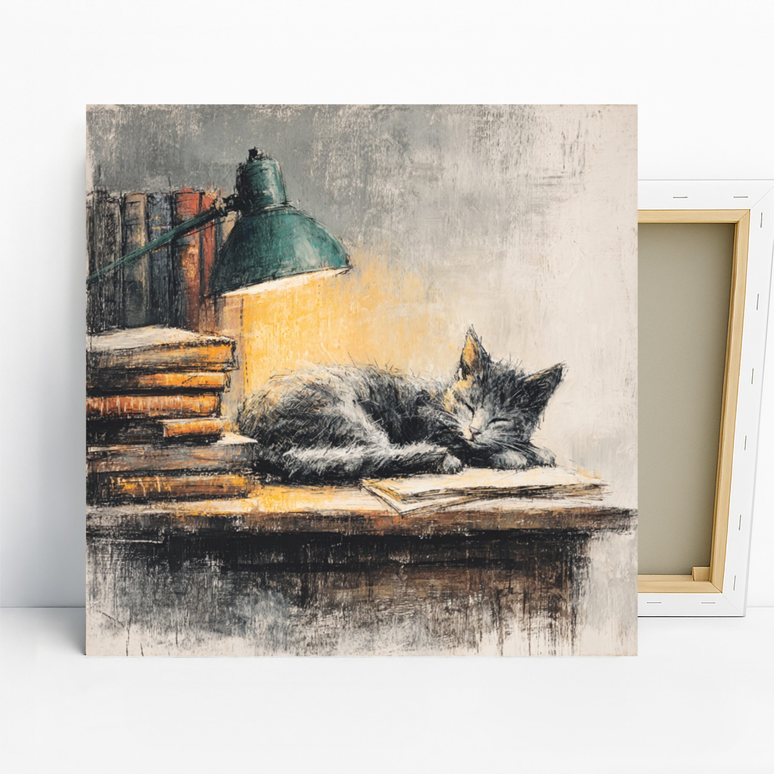 Cat Reading Art, Canvas or Poster, Contemporary Whimsical Rustic Decor, Library Office Living Room Bedroom Wall Art,Gray Yellow Green Orange