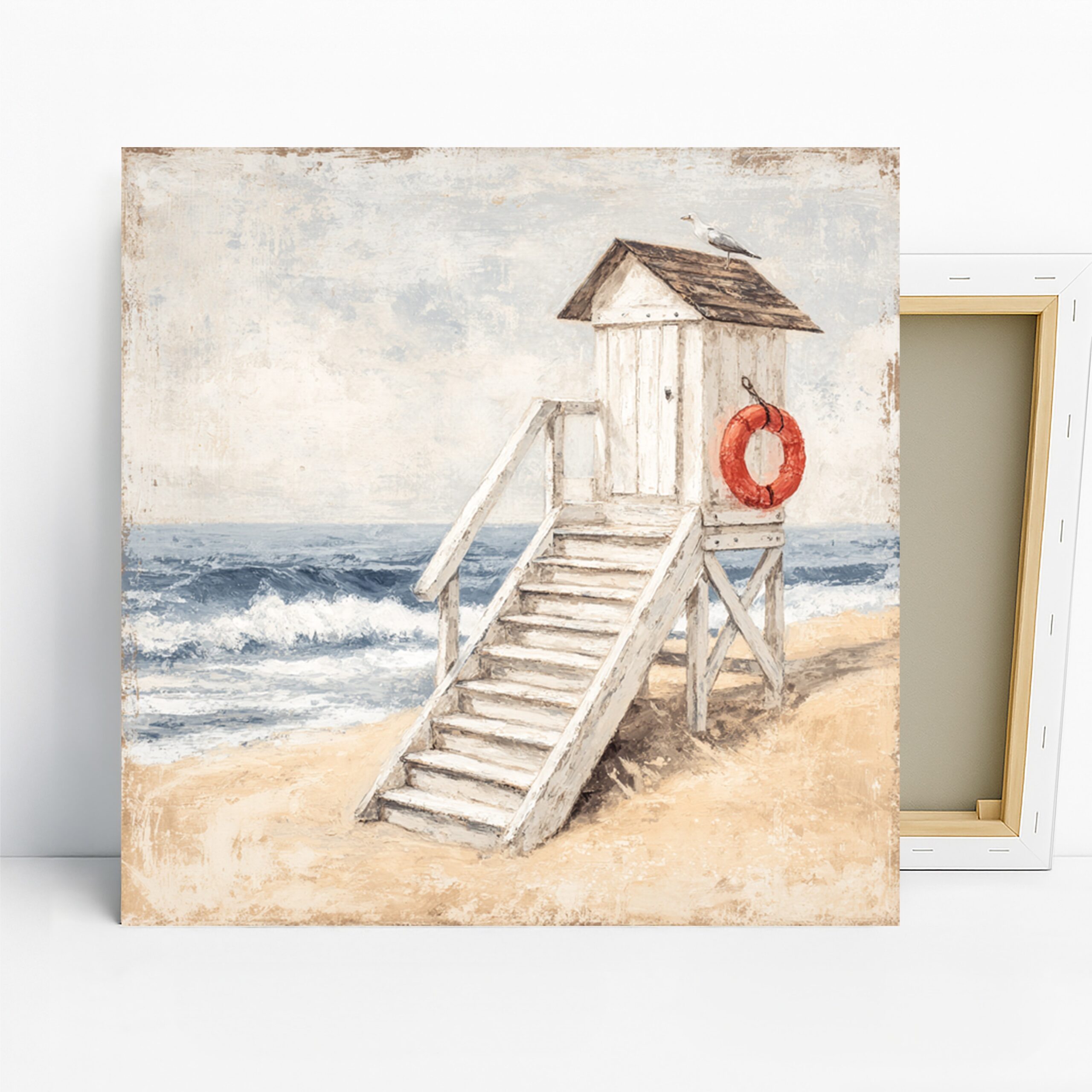 Seagull Beach Lifeguard Stand Art, Canvas or Poster, Coastal Vintage Decor, Bathroom Bedroom Living Room Wall Art, White Blue Red Brown