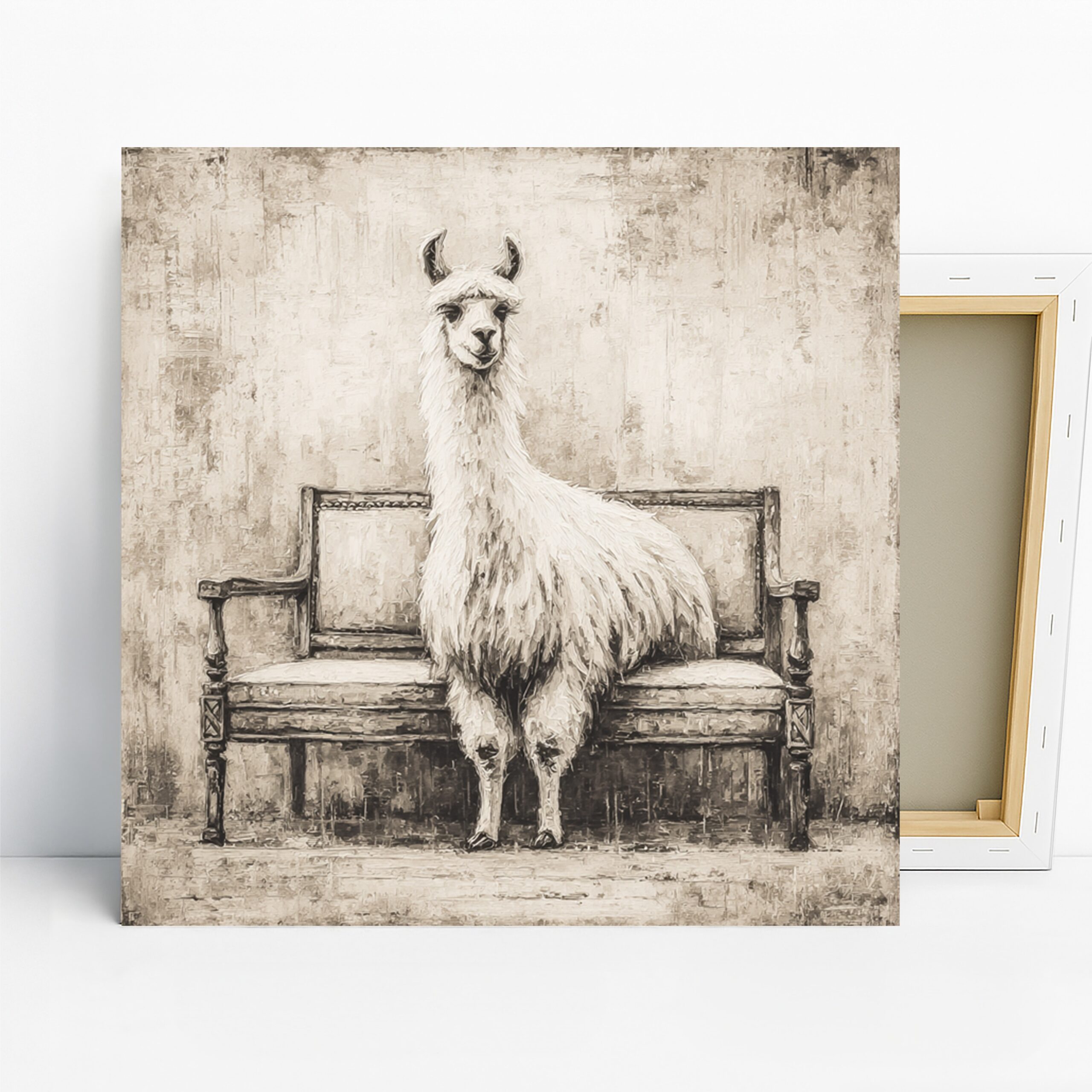 Llama Art, Canvas or Poster, Whimsical Rustic Farmhouse Decor, Living Room Bedroom Office Wall Art, White Brown Beige and Black