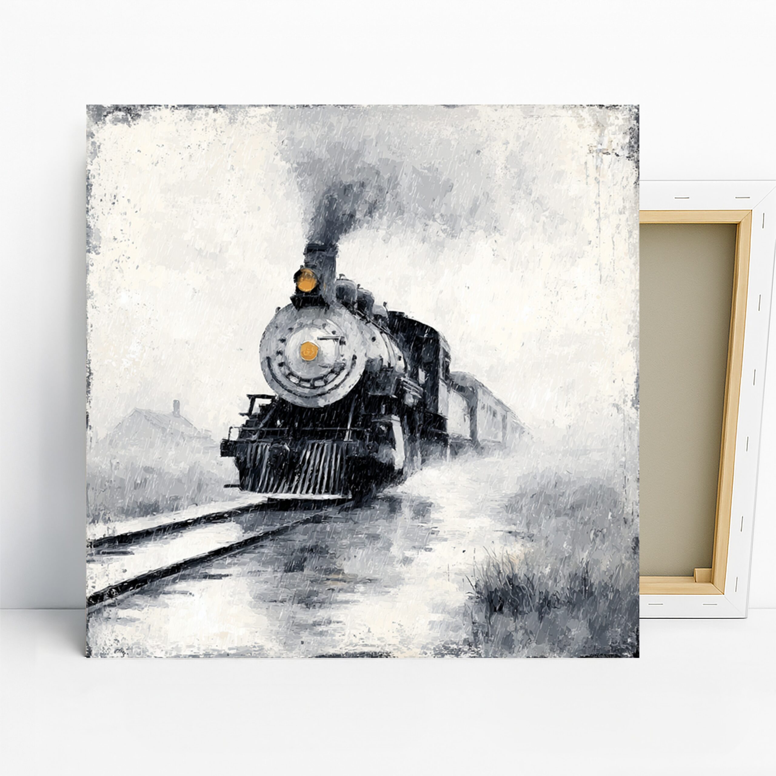 Vintage Steam Train Art, Canvas or Poster, Rustic Country Decor, Living Room Office Dining Room Wall Art, Black White Grey Yellow Accents