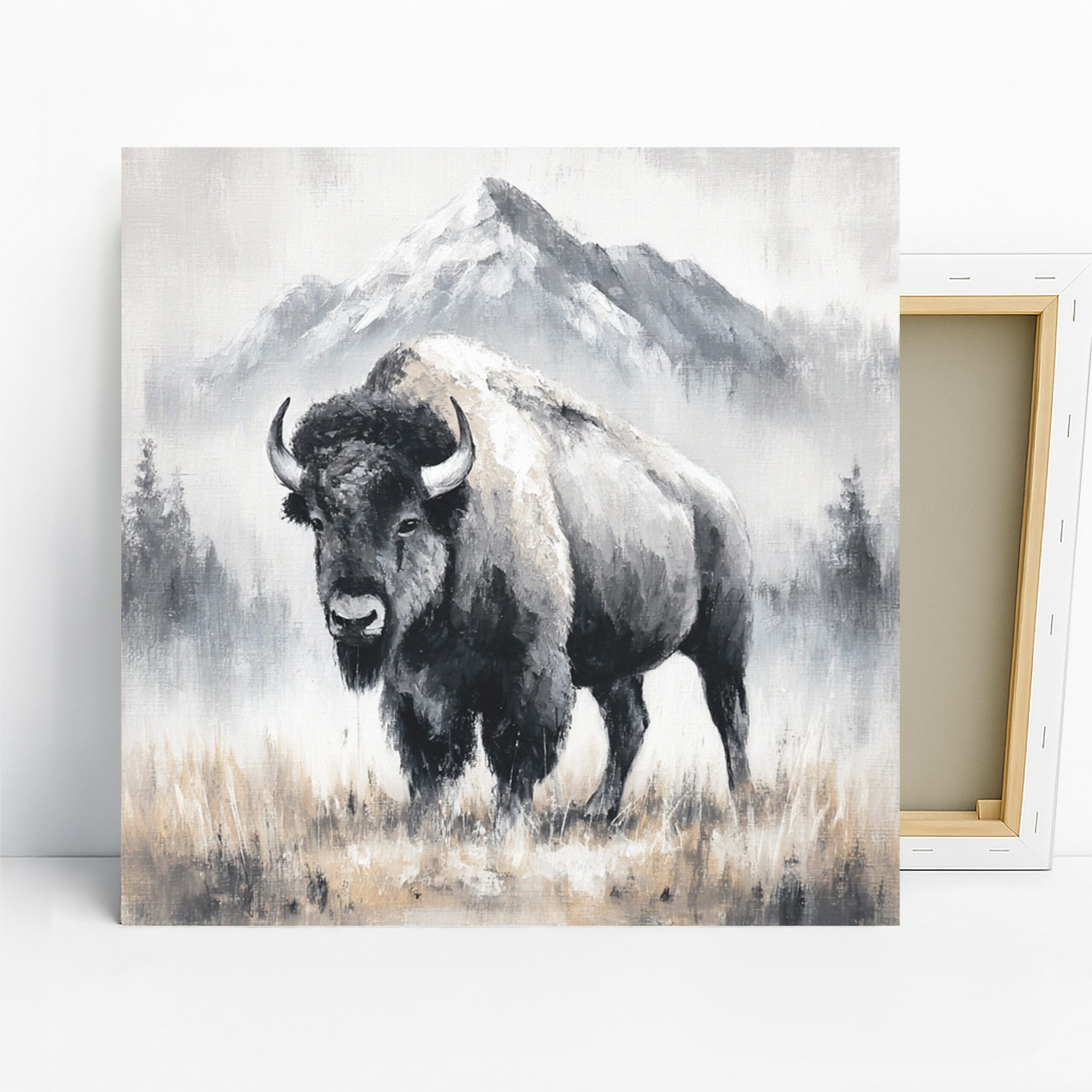 Bison Art, Canvas or Poster, Animal Nature Decor, Living Room Office Bedroom Dining Room Wall Art, Black White Grey Beige Color