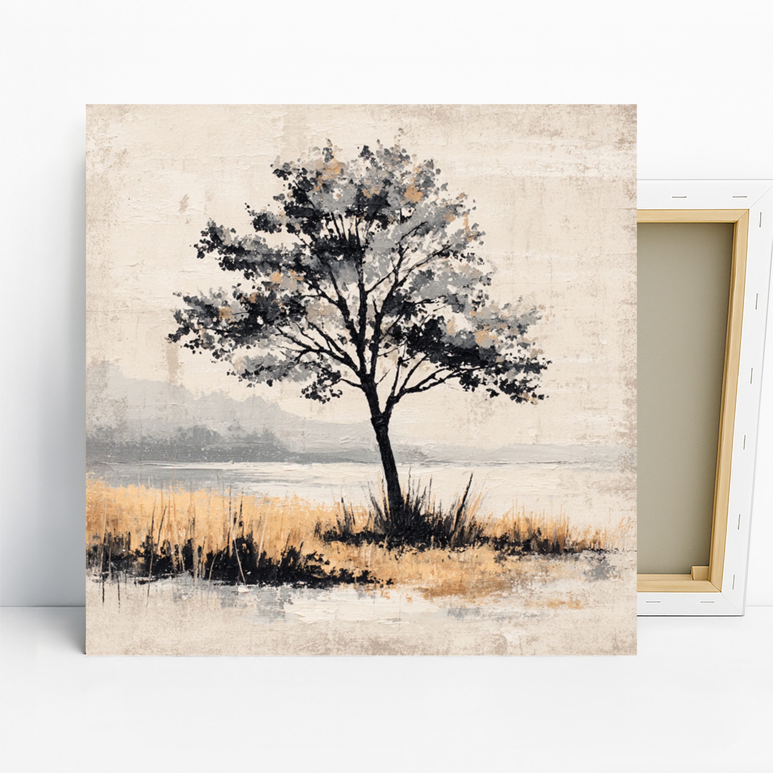 Solitary Tree Landscape Art, Canvas or Poster, Nature Minimalist Decor, Living Room Bedroom Office Wall Art, Black Gray Beige White