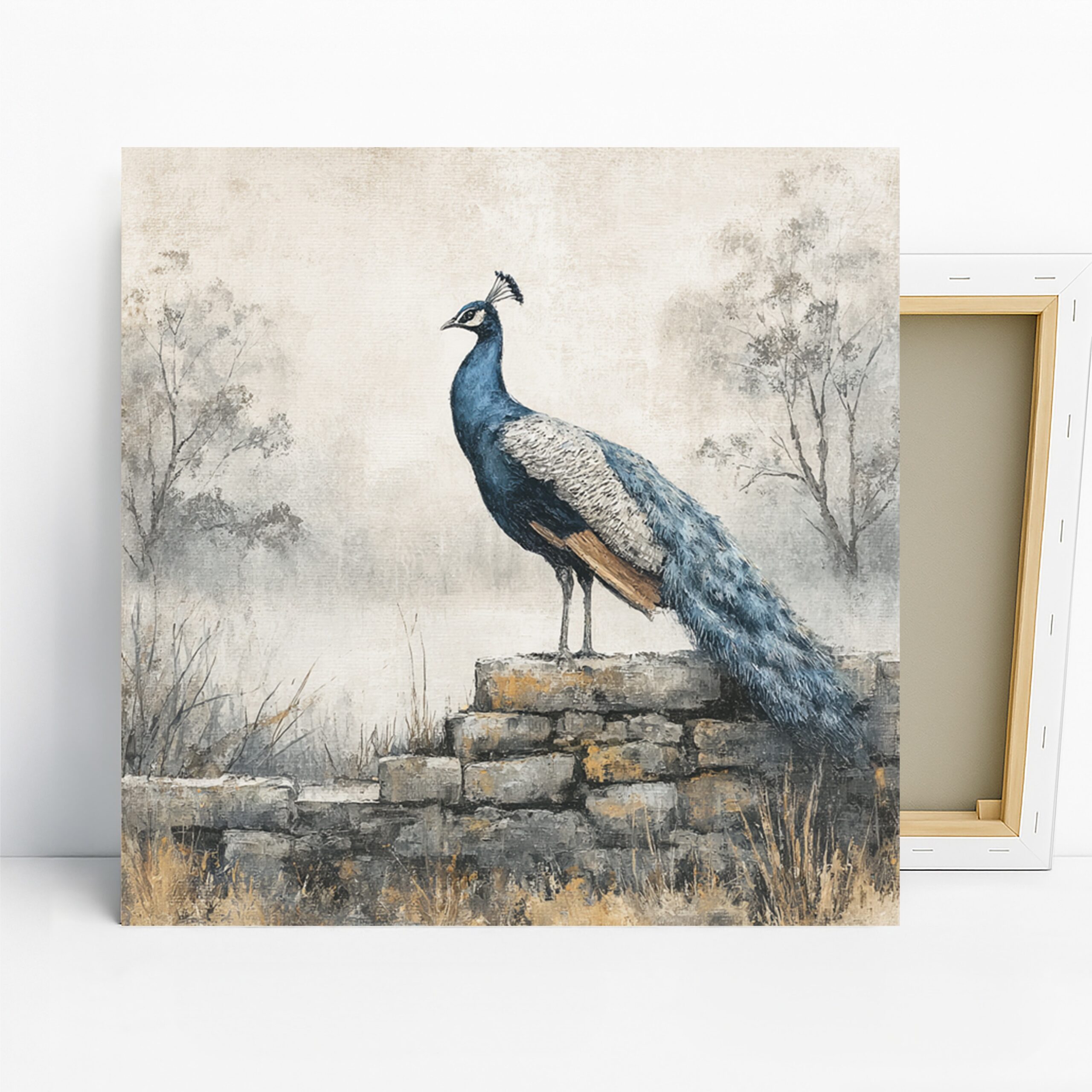 Peacock Art, Canvas or Poster, Nature Rustic Contemporary Decor, Living Room Dining Room Entryway Office Wall Art, Blue Grey Beige Brown