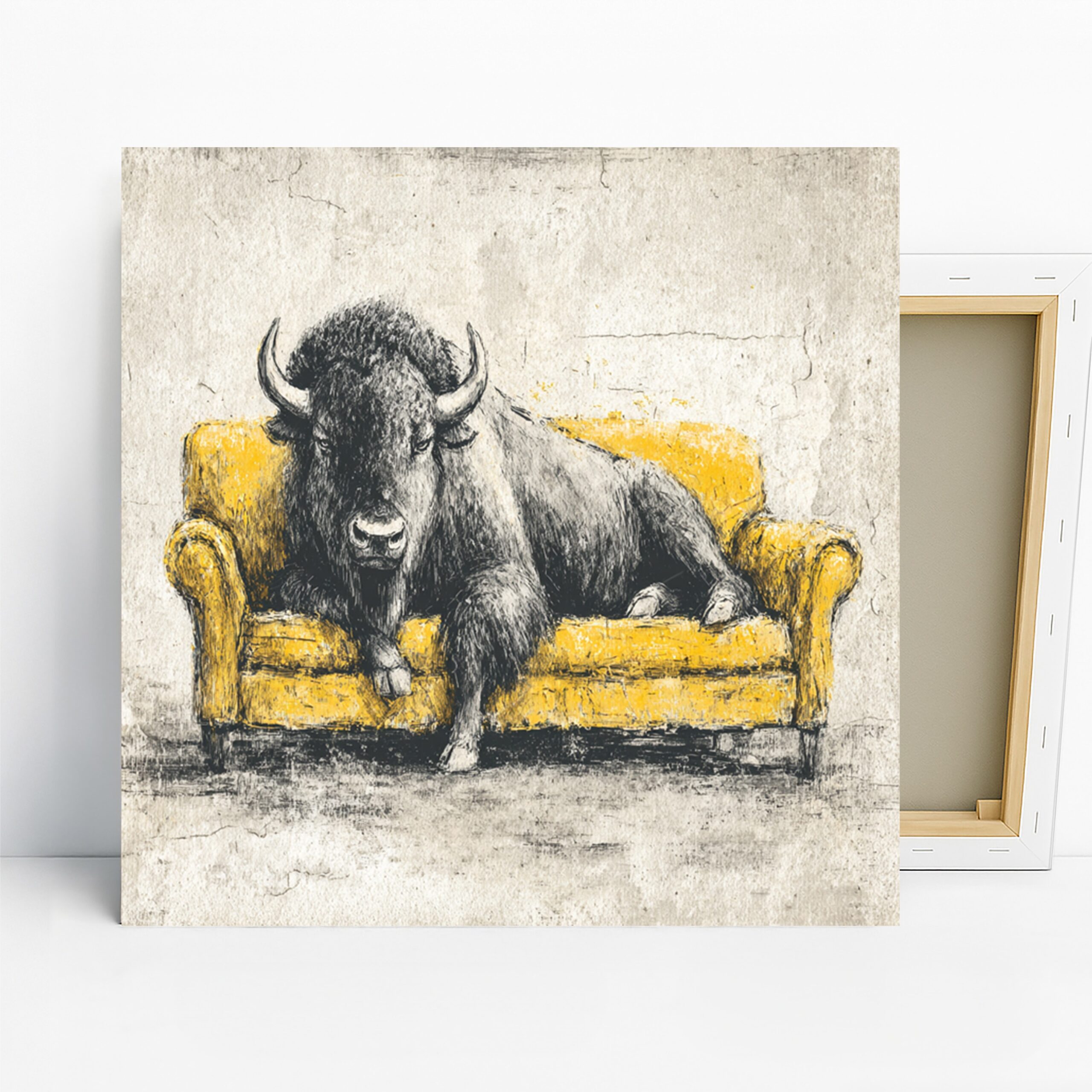 Bison on Couch Art, Canvas or Poster, Whimsical Contemporary Decor, Living Room Office Bedroom Game Room Wall Art, Yellow Black Brown Grey