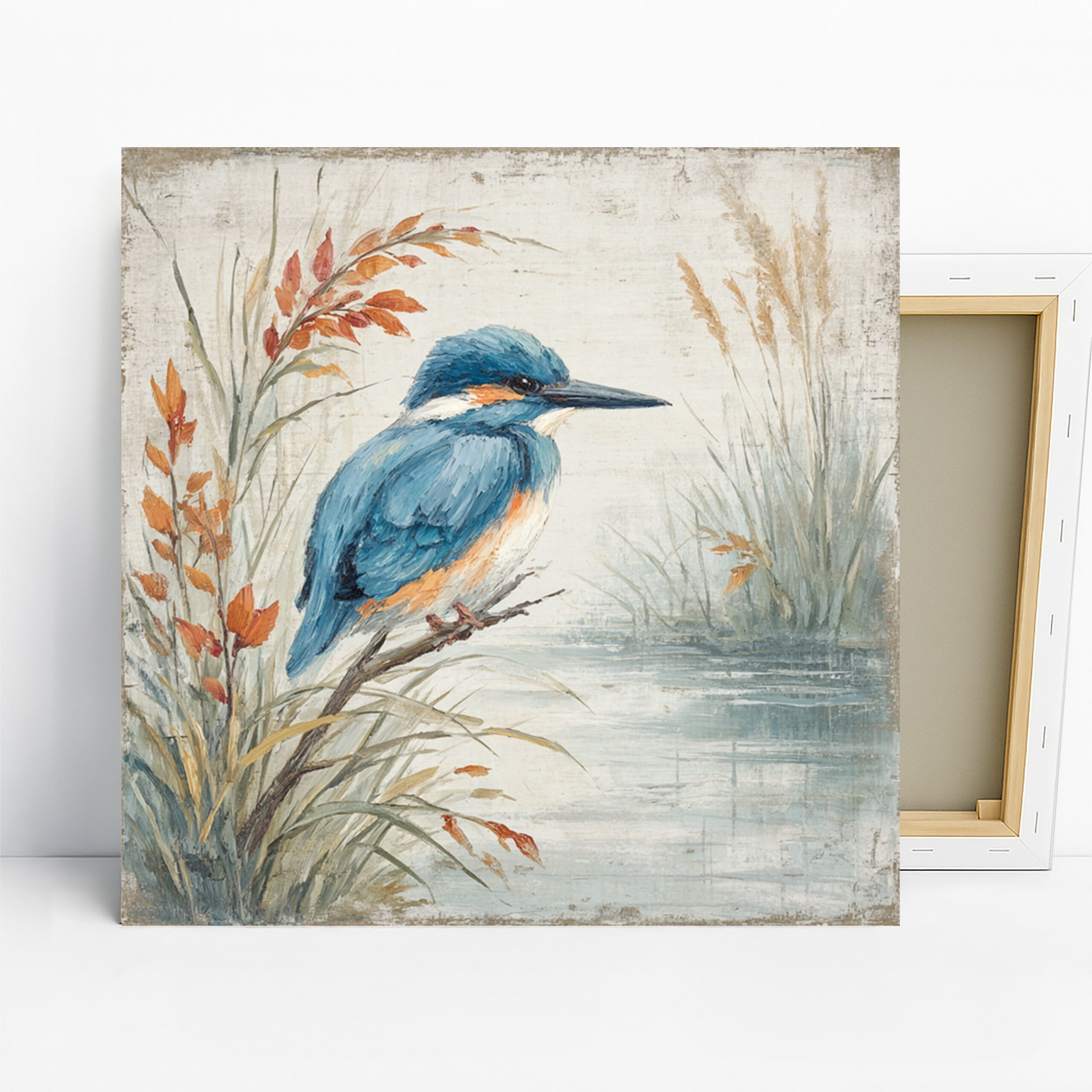 Kingfisher Bird Art, Canvas or Poster, Nature Coastal Decor, Bathroom Living Room Bedroom Office Wall Art, Blue Orange White Colors